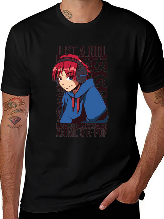 Anime Girl K-Pop Fan T-Shirt - Red Hair & Headphones