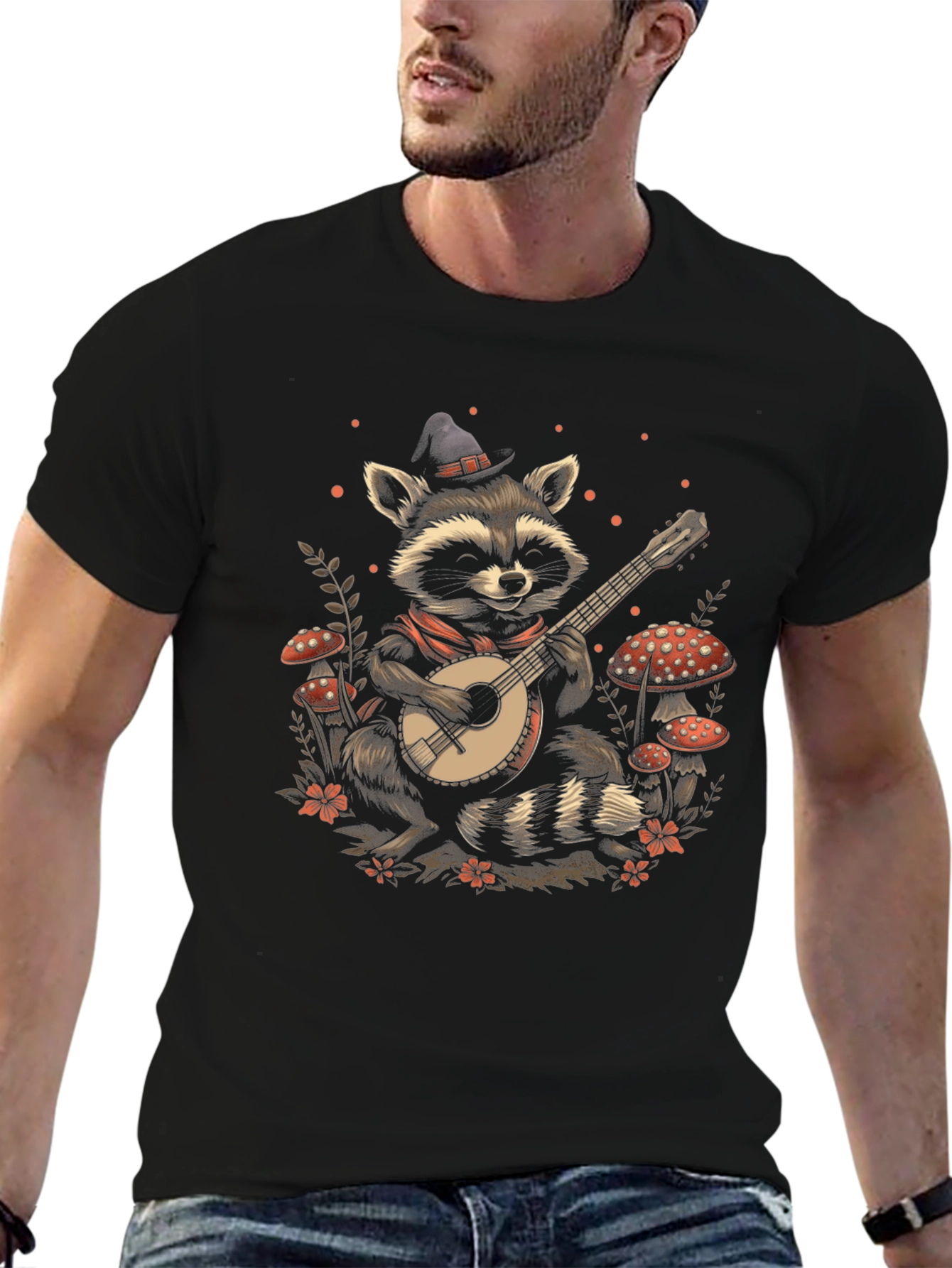 Raccoon Banjo Player T-Shirt - Black
