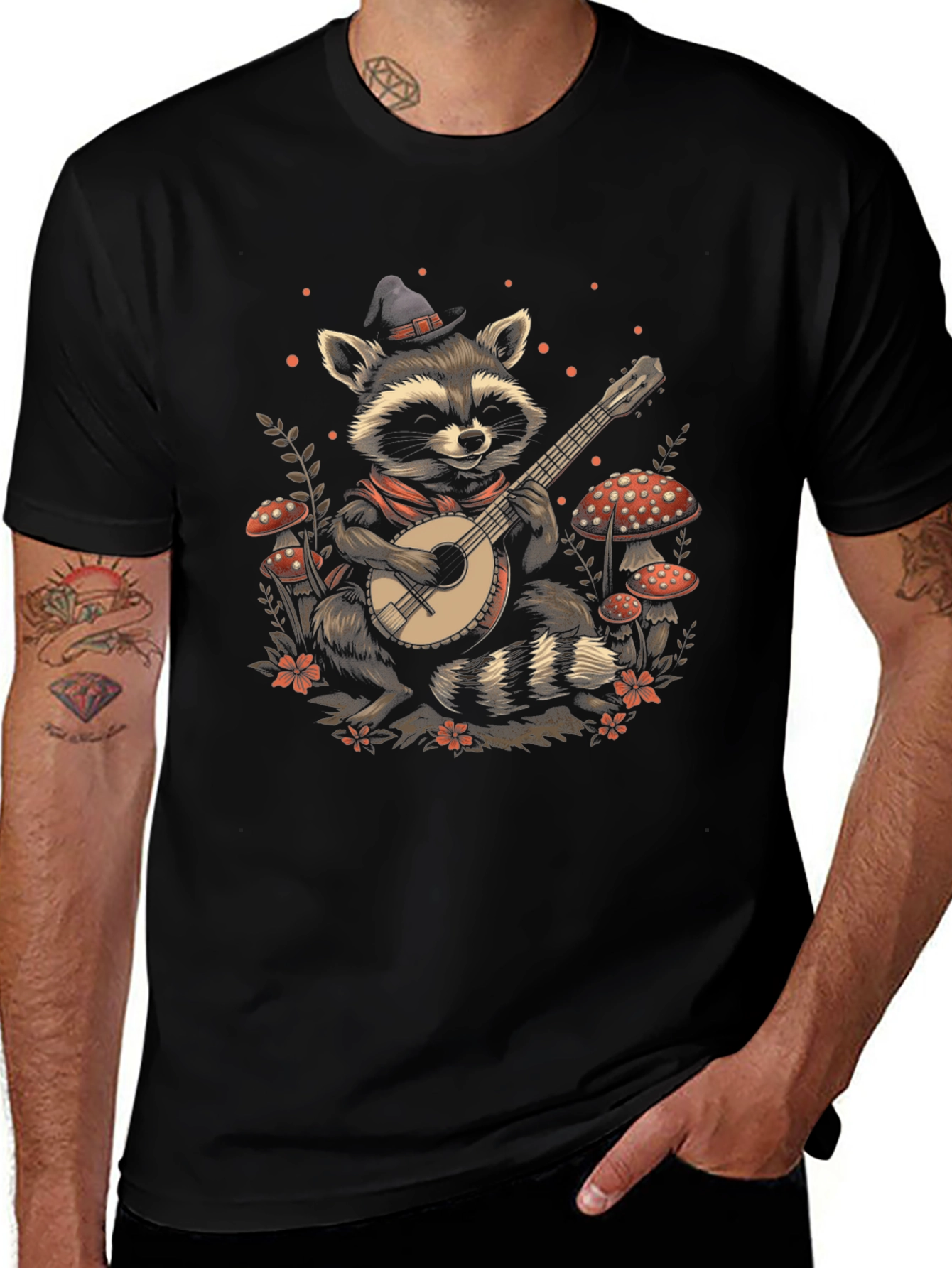 Raccoon Banjo Player T-Shirt - Black