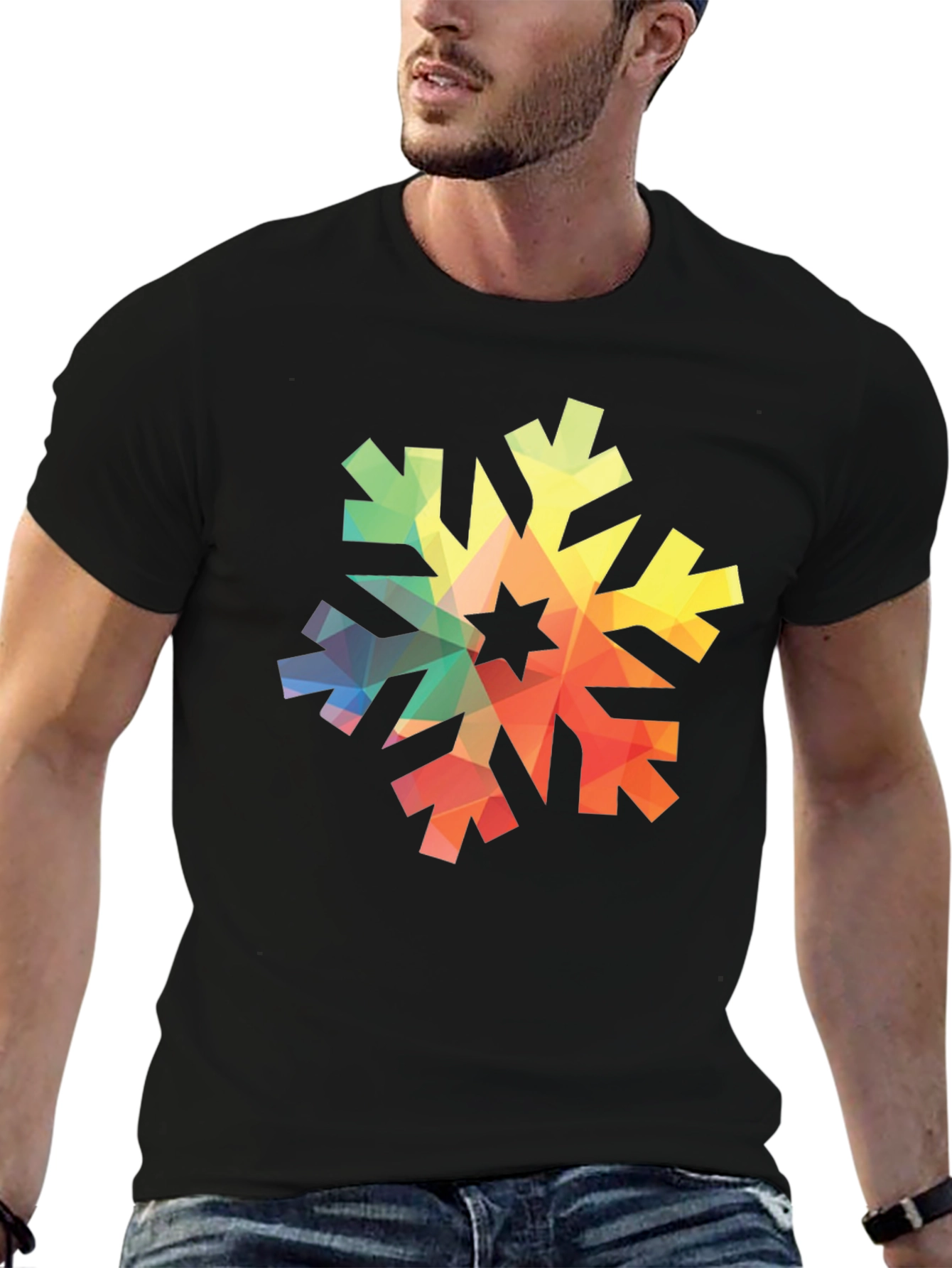 Geometric Snowflake Graphic Tee - Black Cotton Shirt