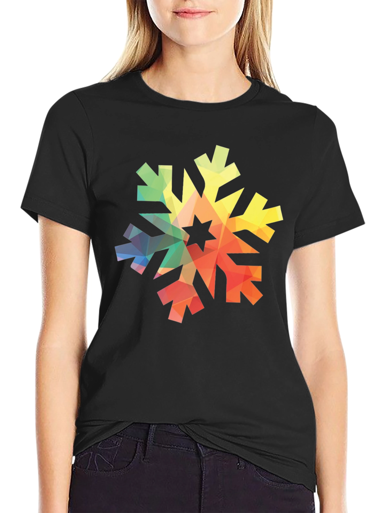 Geometric Snowflake Graphic Tee - Black Cotton Shirt