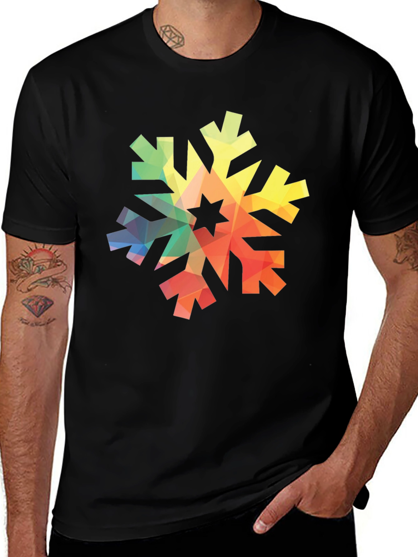 Geometric Snowflake Graphic Tee - Black Cotton Shirt