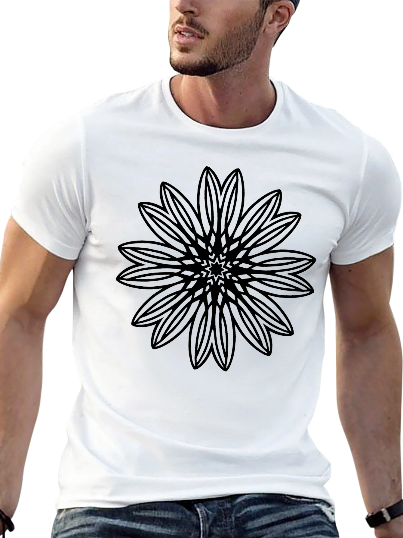 Black T-Shirt with Geometric Floral Design