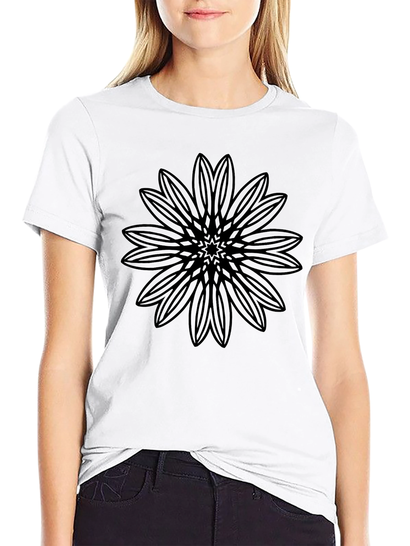 Black T-Shirt with Geometric Floral Design