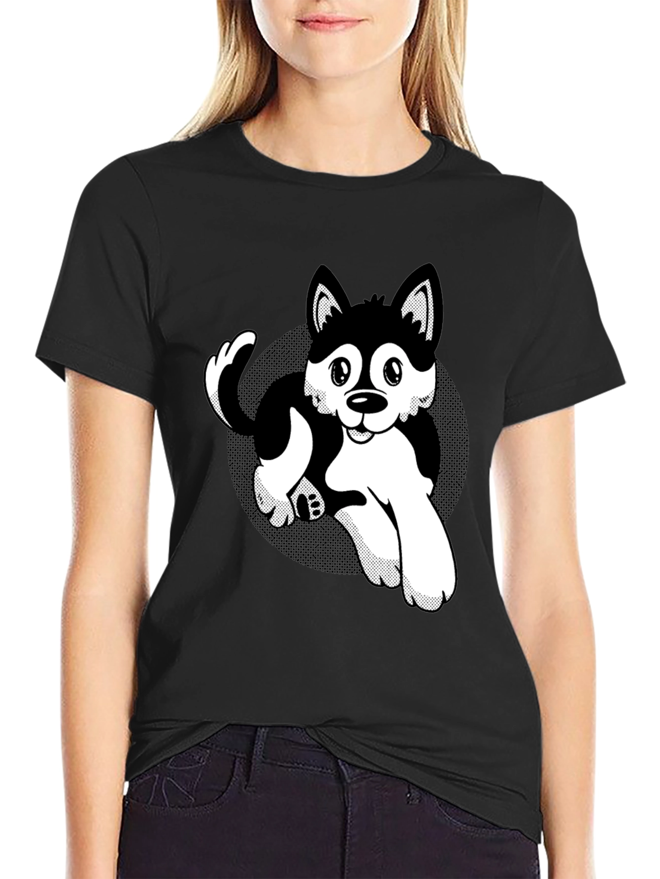 Cute Husky Cartoon Black T-Shirt