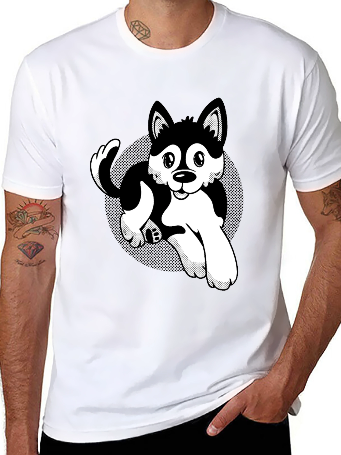 Cute Husky Cartoon Black T-Shirt