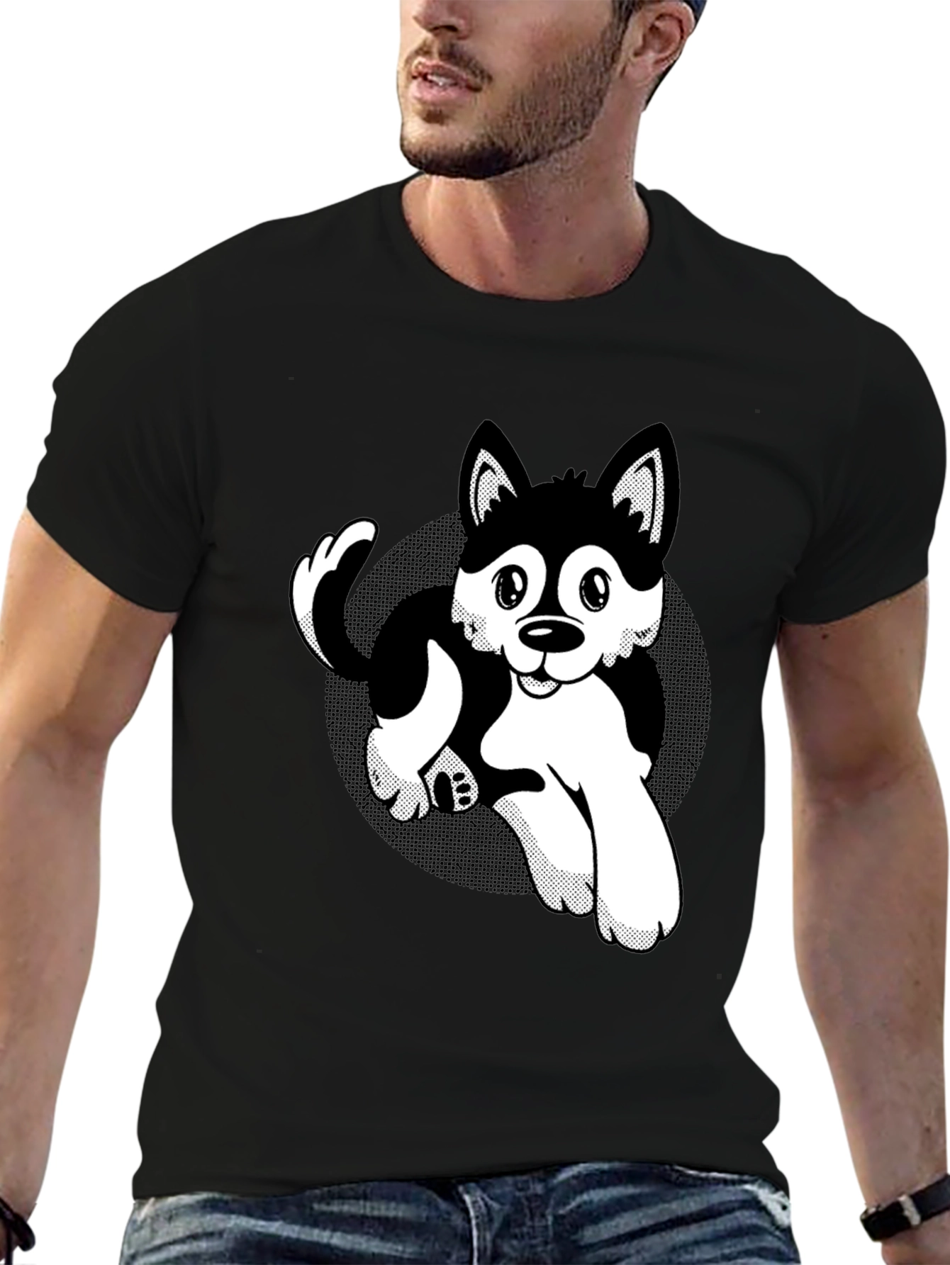 Cute Husky Cartoon Black T-Shirt