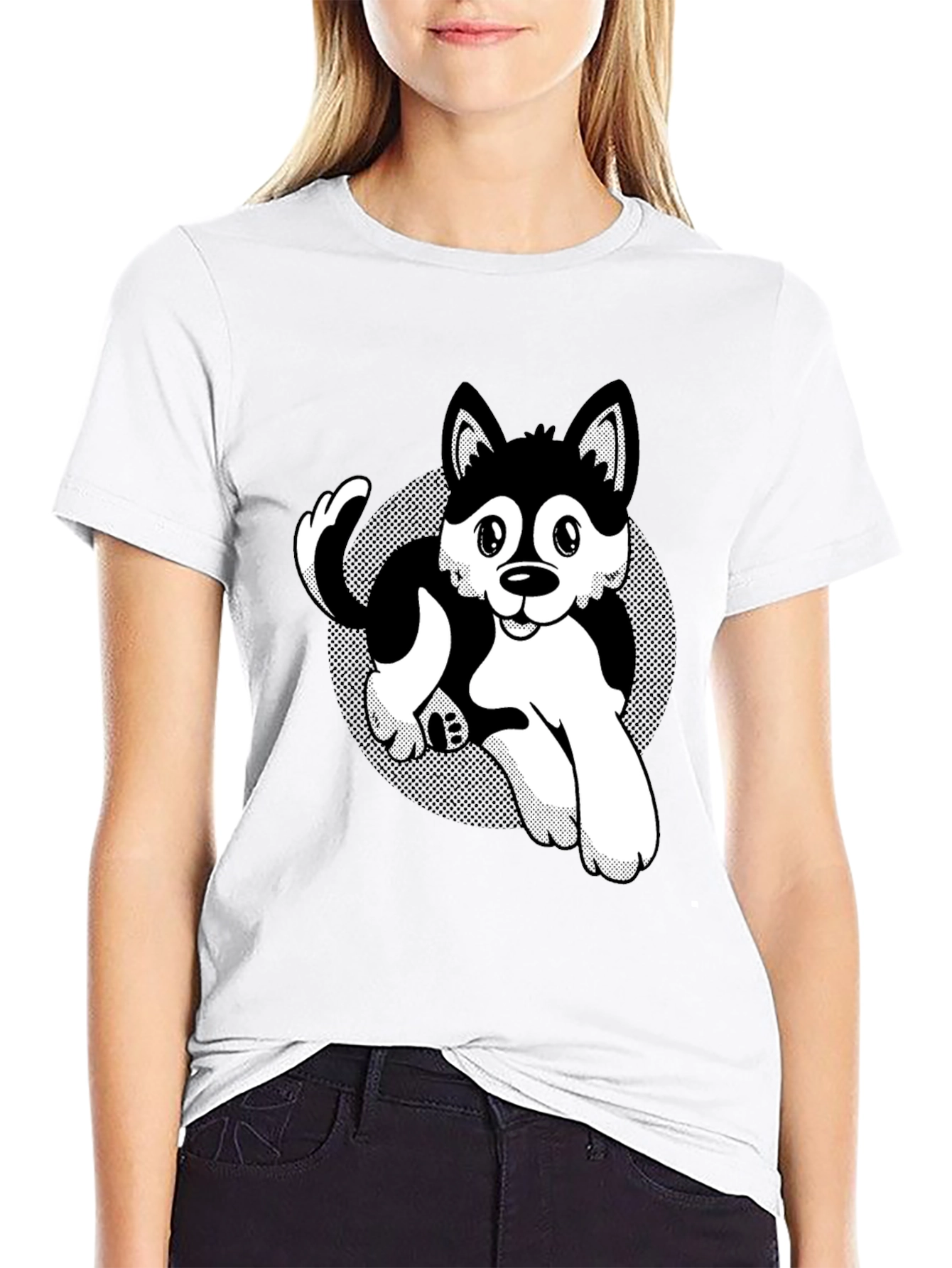 Cute Husky Cartoon Black T-Shirt