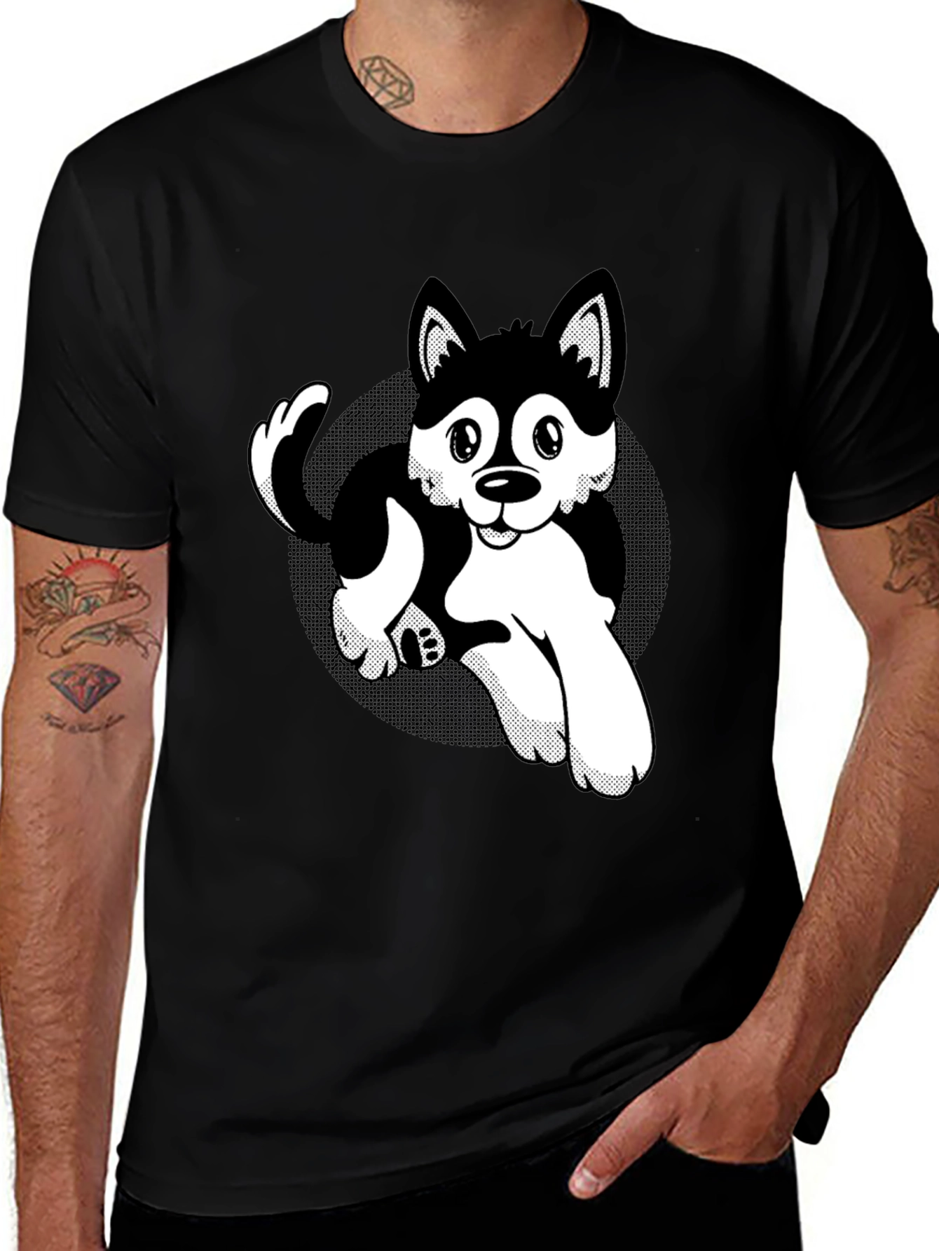 Cute Husky Cartoon Black T-Shirt
