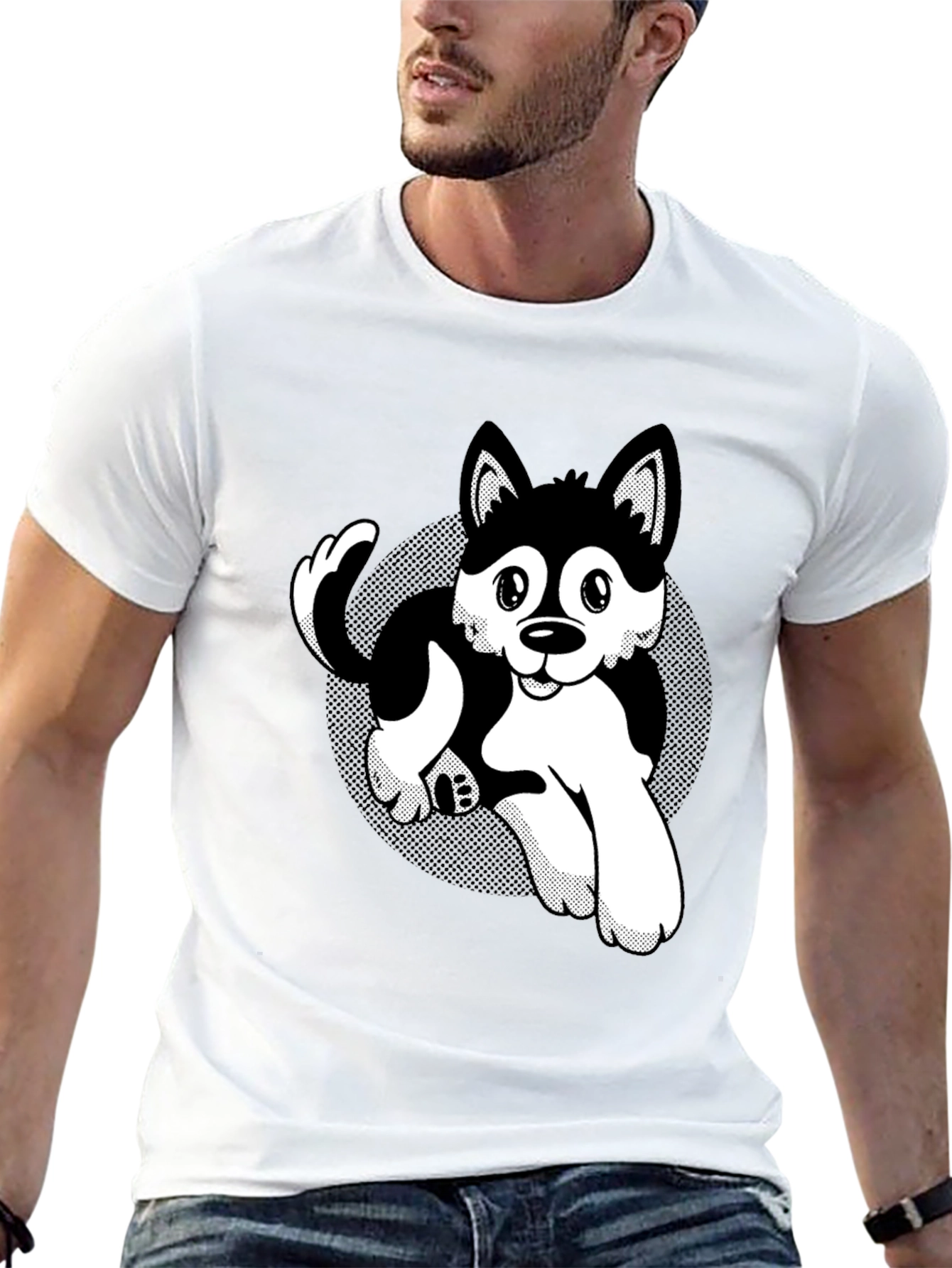 Cute Husky Cartoon Black T-Shirt