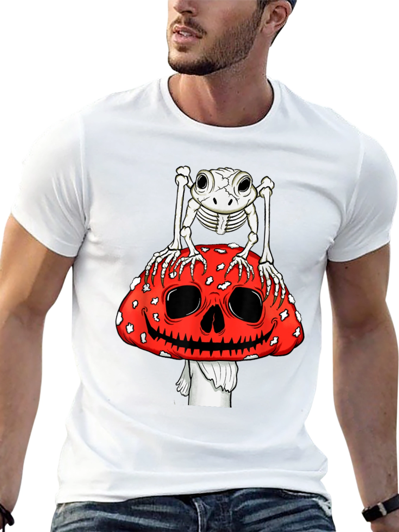 Frog Skeleton on Skull Mushroom Graphic Tee