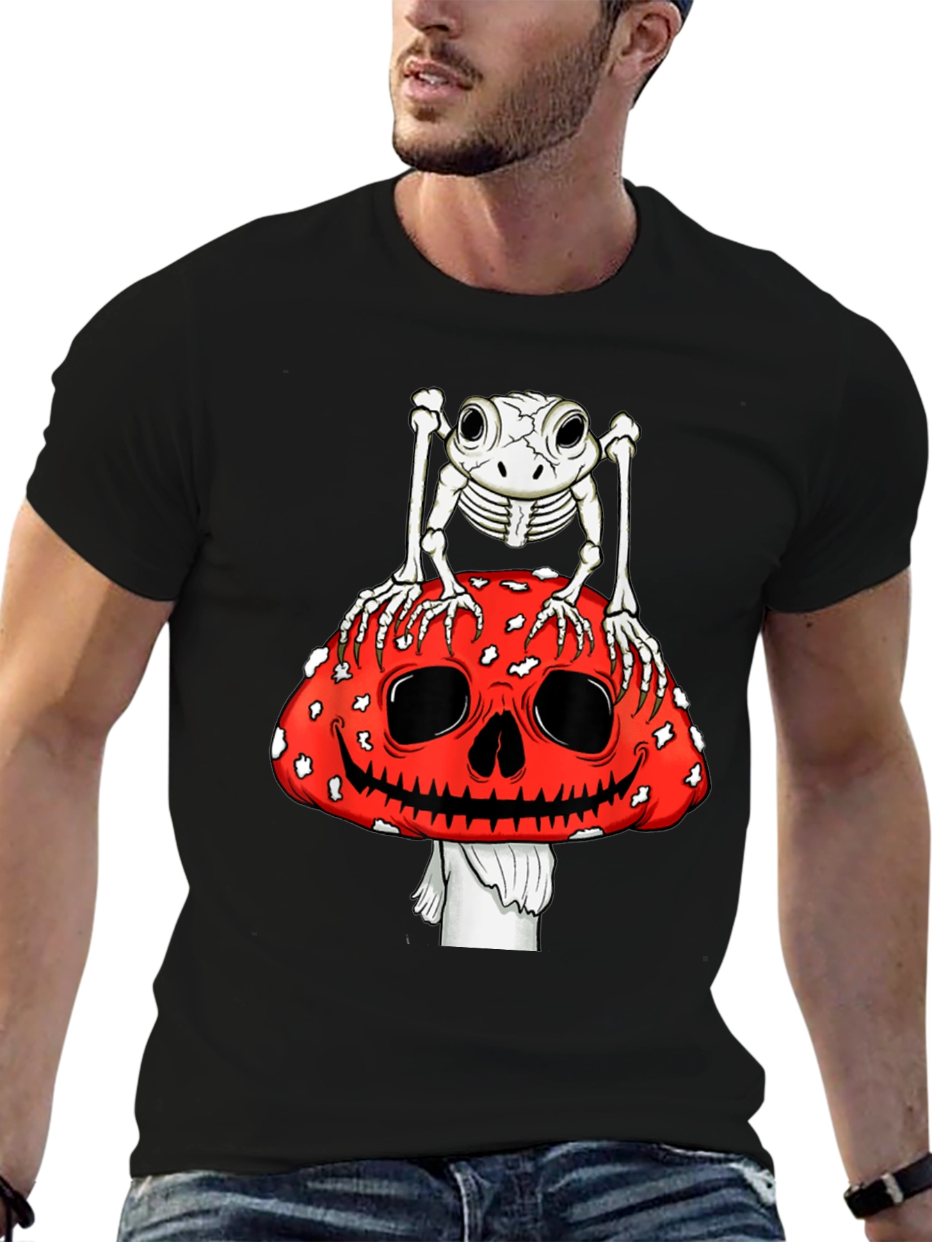 Frog Skeleton on Skull Mushroom Graphic Tee
