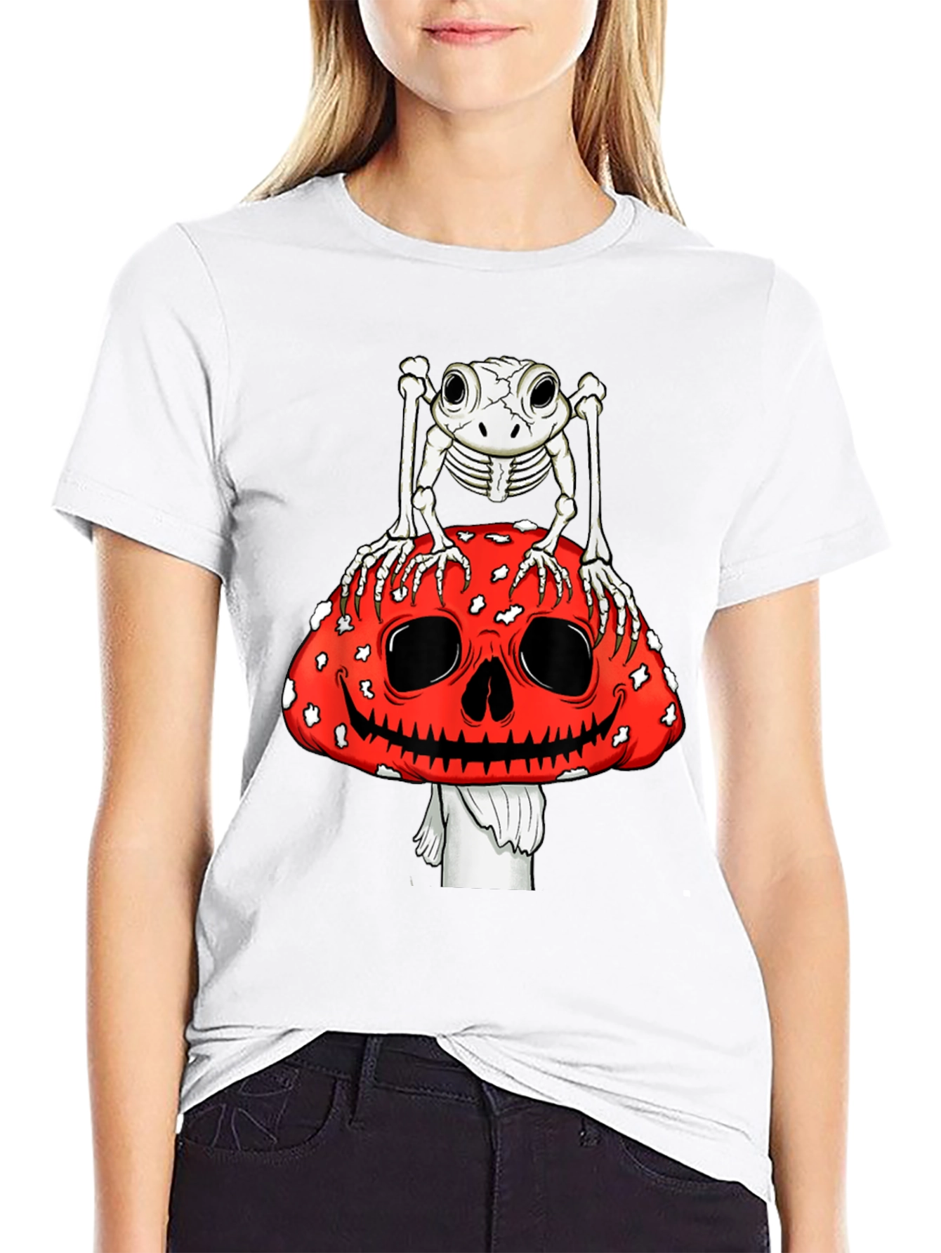 Frog Skeleton on Skull Mushroom Graphic Tee