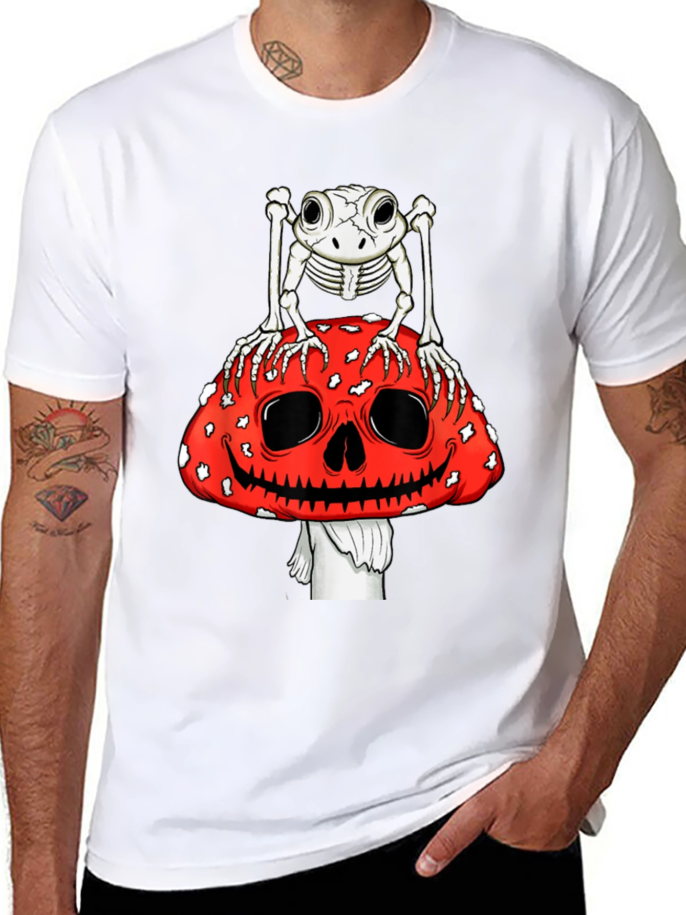 Frog Skeleton on Skull Mushroom Graphic Tee
