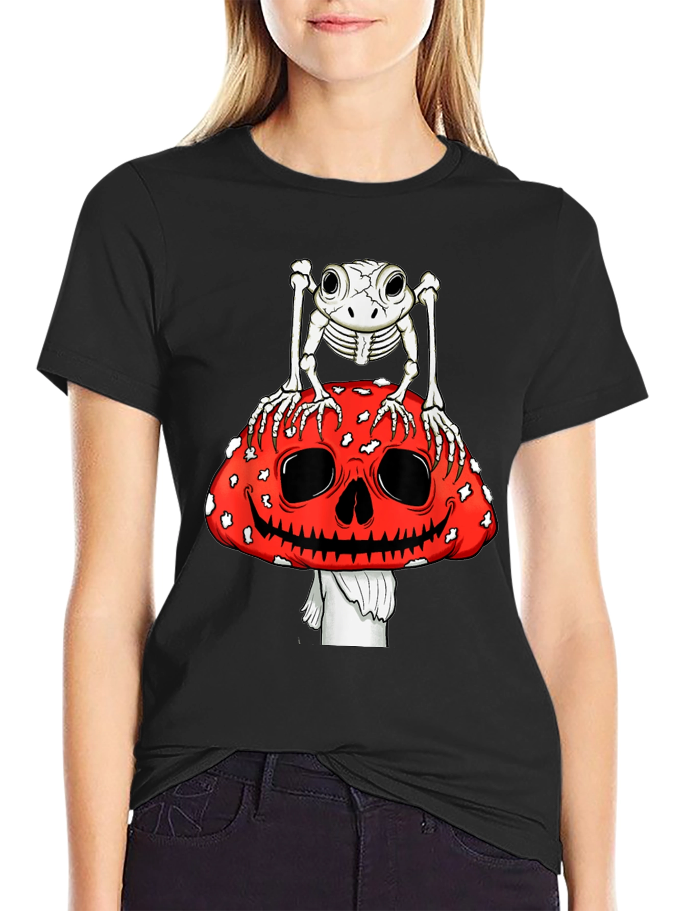 Frog Skeleton on Skull Mushroom Graphic Tee