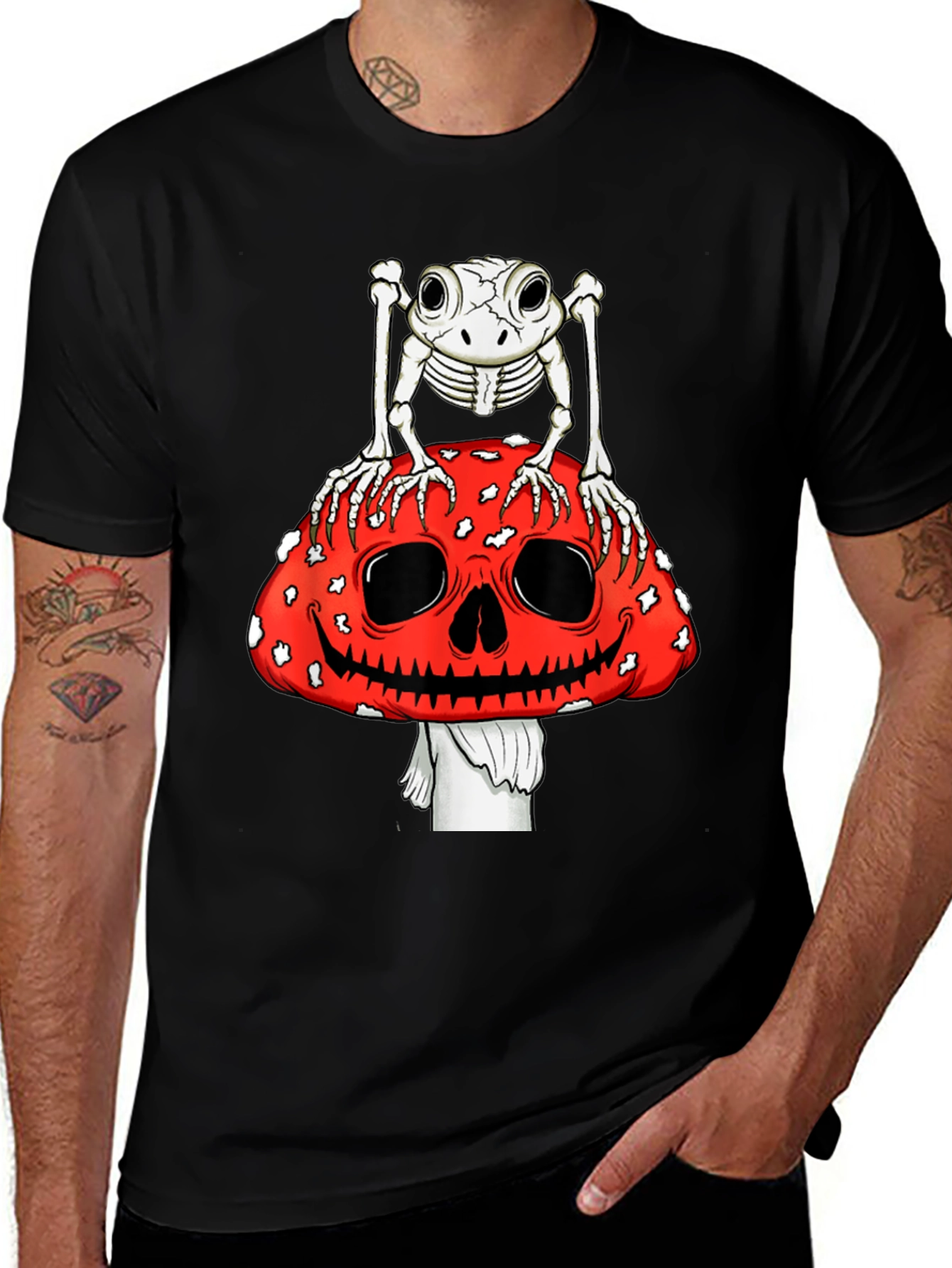 Frog Skeleton on Skull Mushroom Graphic Tee