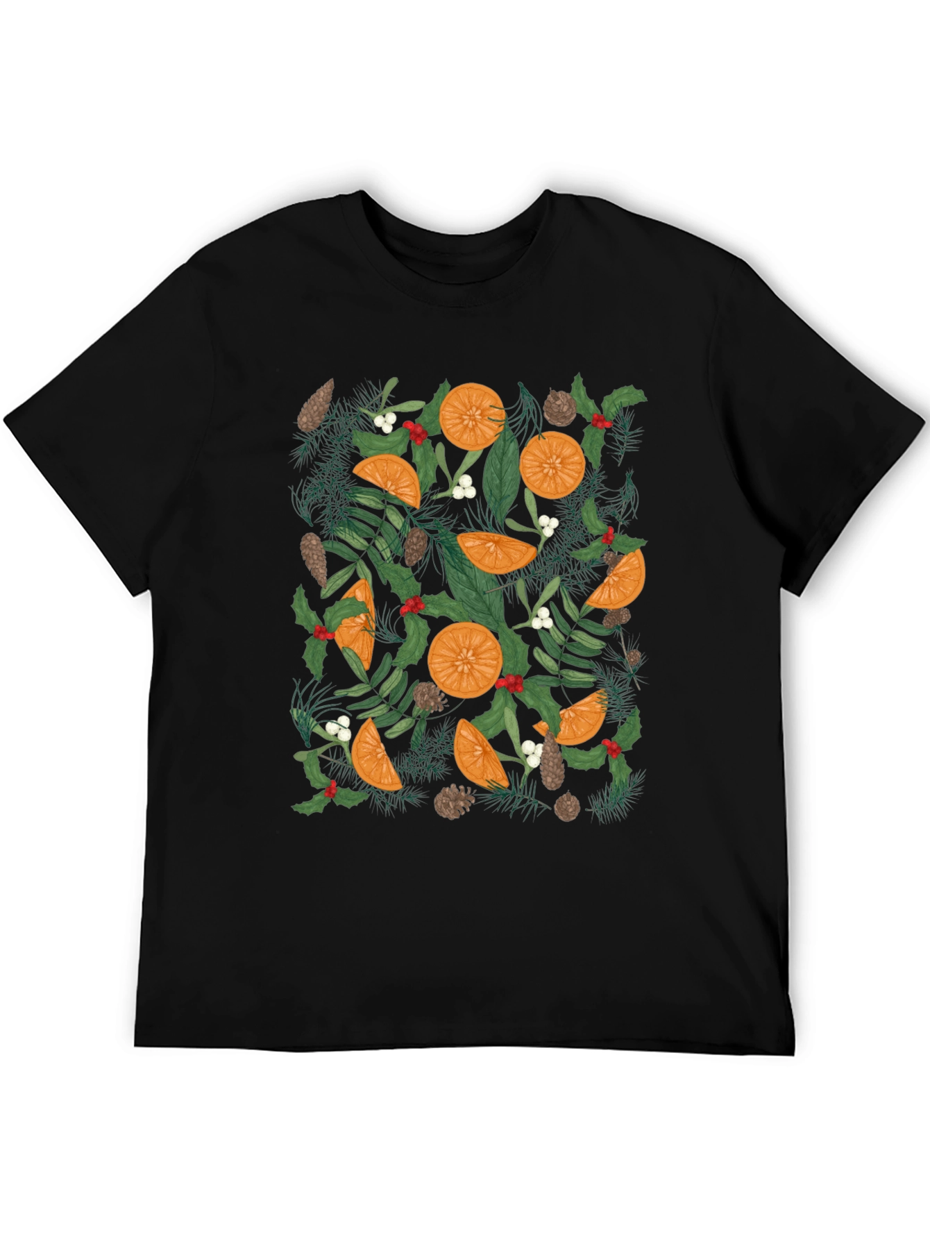 Festive Citrus & Pine Print Black T-Shirt