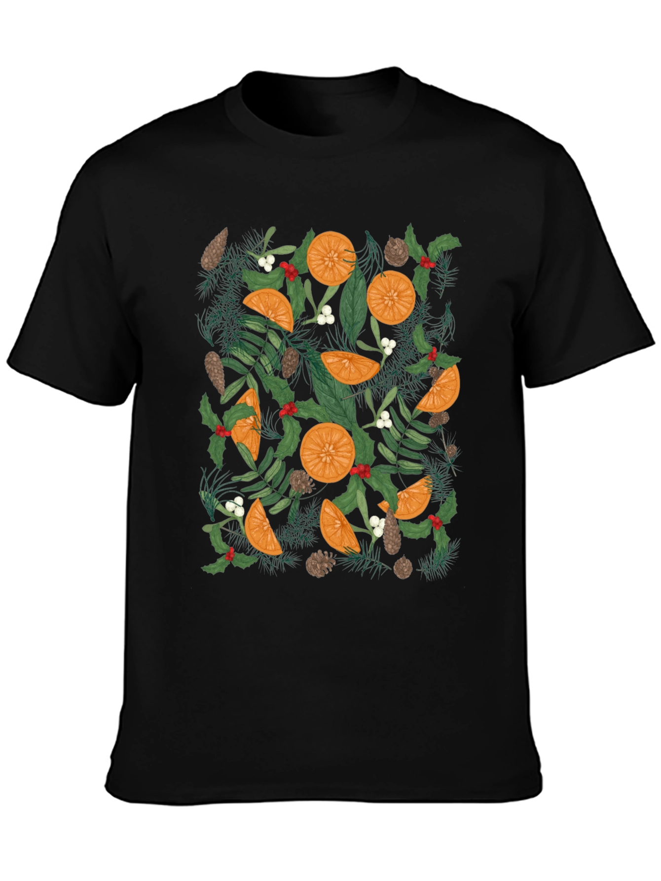 Festive Citrus & Pine Print Black T-Shirt