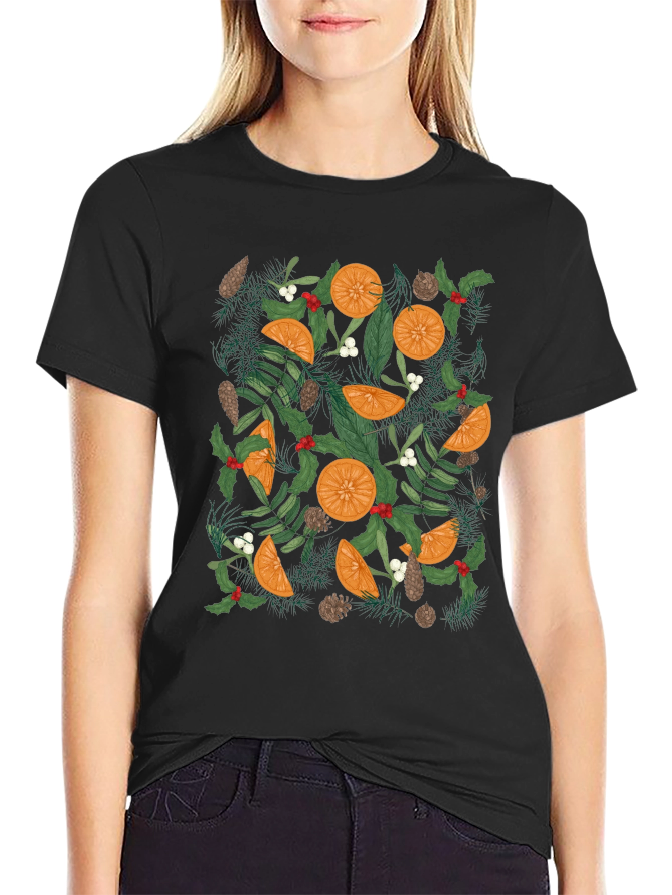 Festive Citrus & Pine Print Black T-Shirt