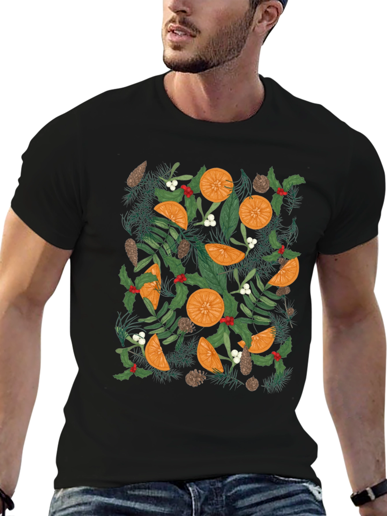 Festive Citrus & Pine Print Black T-Shirt
