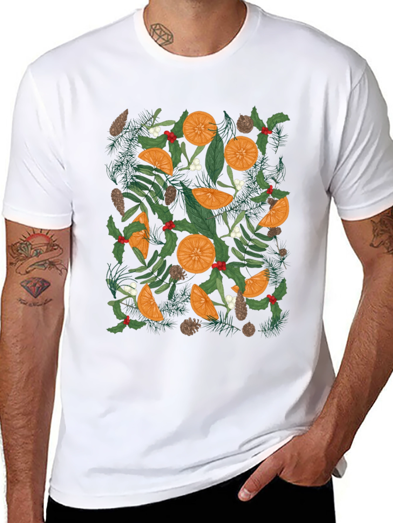 Festive Citrus & Pine Print Black T-Shirt