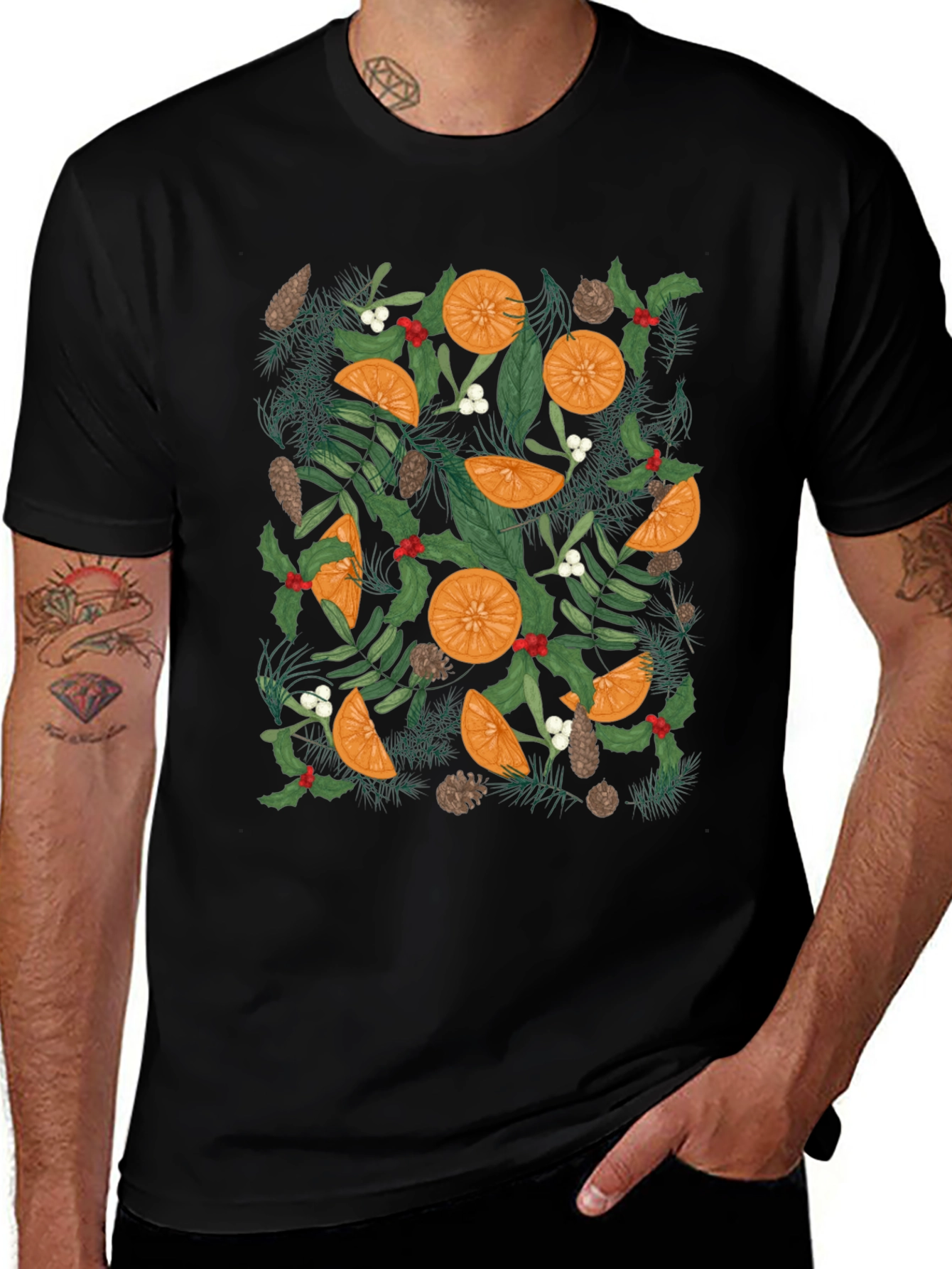 Festive Citrus & Pine Print Black T-Shirt