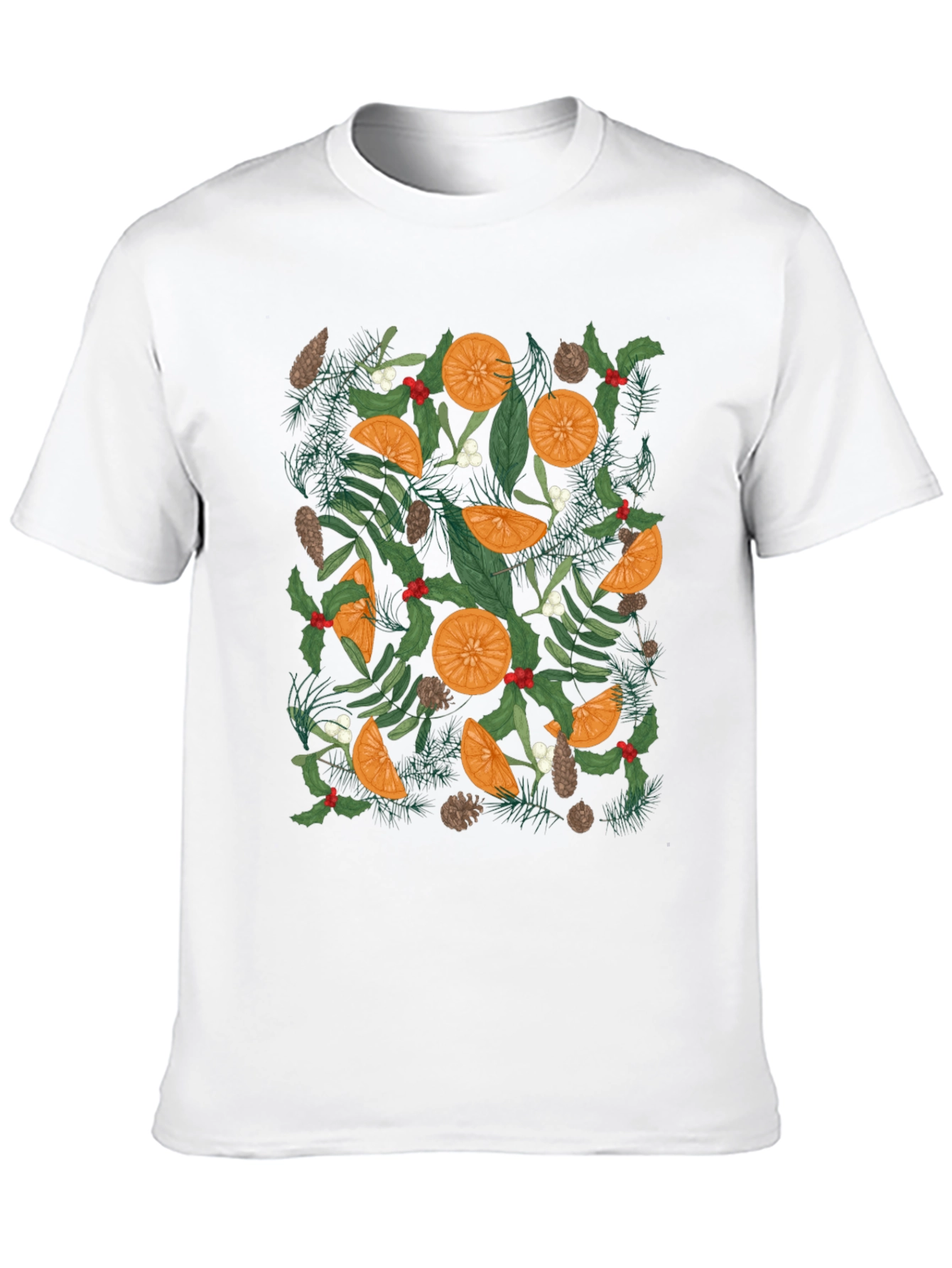 Festive Citrus & Pine Print Black T-Shirt