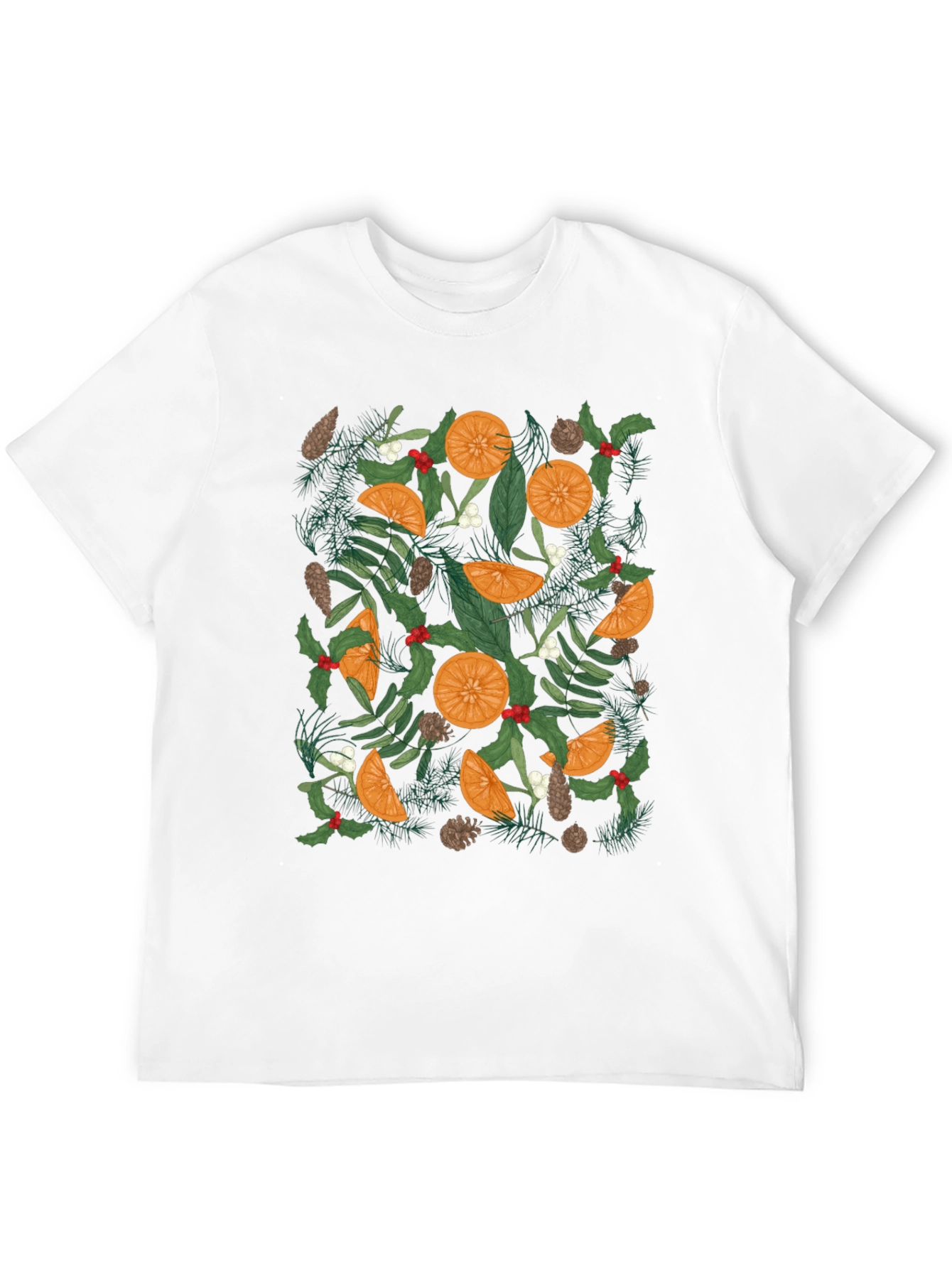 Festive Citrus & Pine Print Black T-Shirt
