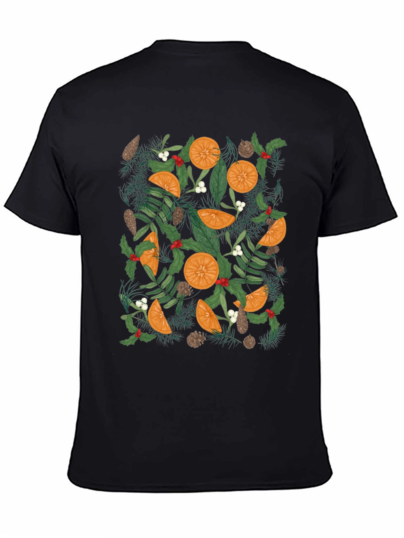 Festive Citrus & Pine Print Black T-Shirt