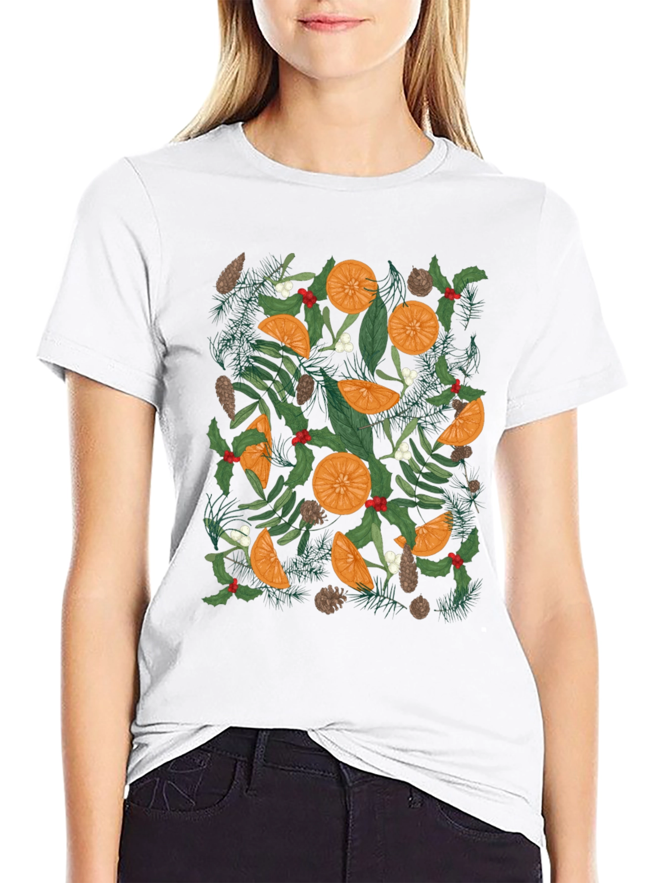 Festive Citrus & Pine Print Black T-Shirt