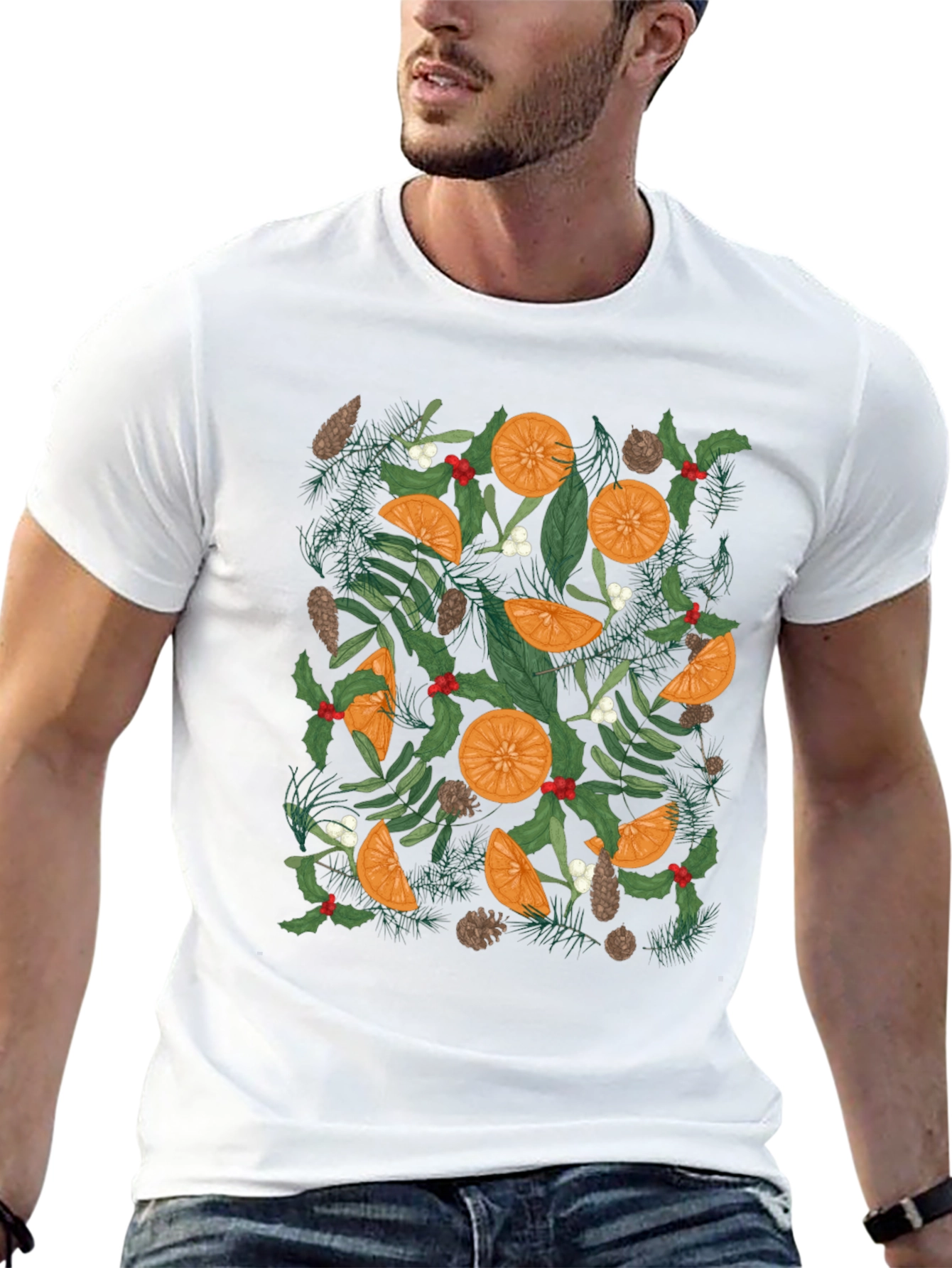 Festive Citrus & Pine Print Black T-Shirt