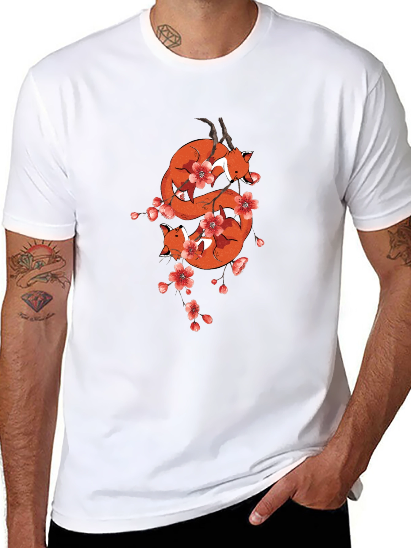 Fox & Cherry Blossom Black T-Shirt