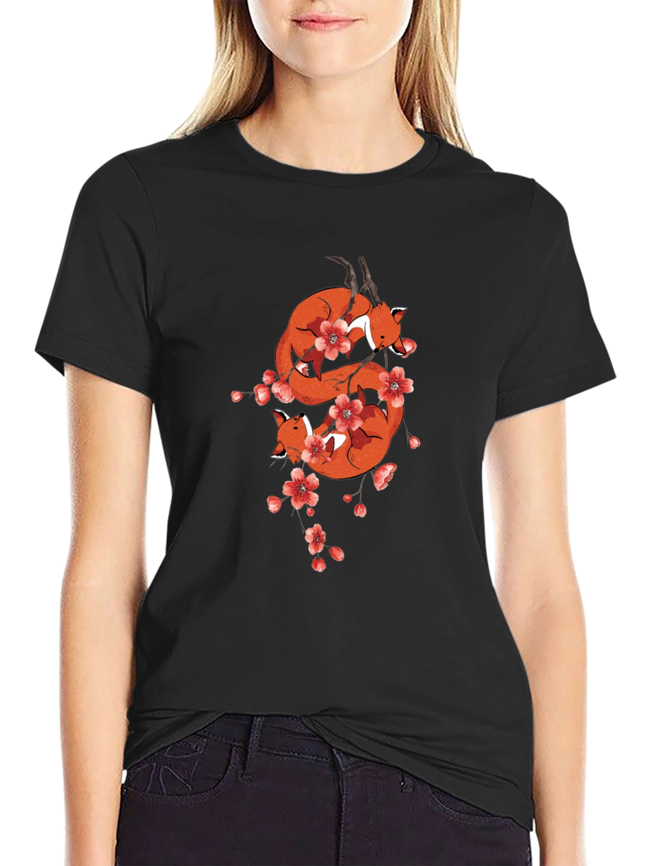 Fox & Cherry Blossom Black T-Shirt