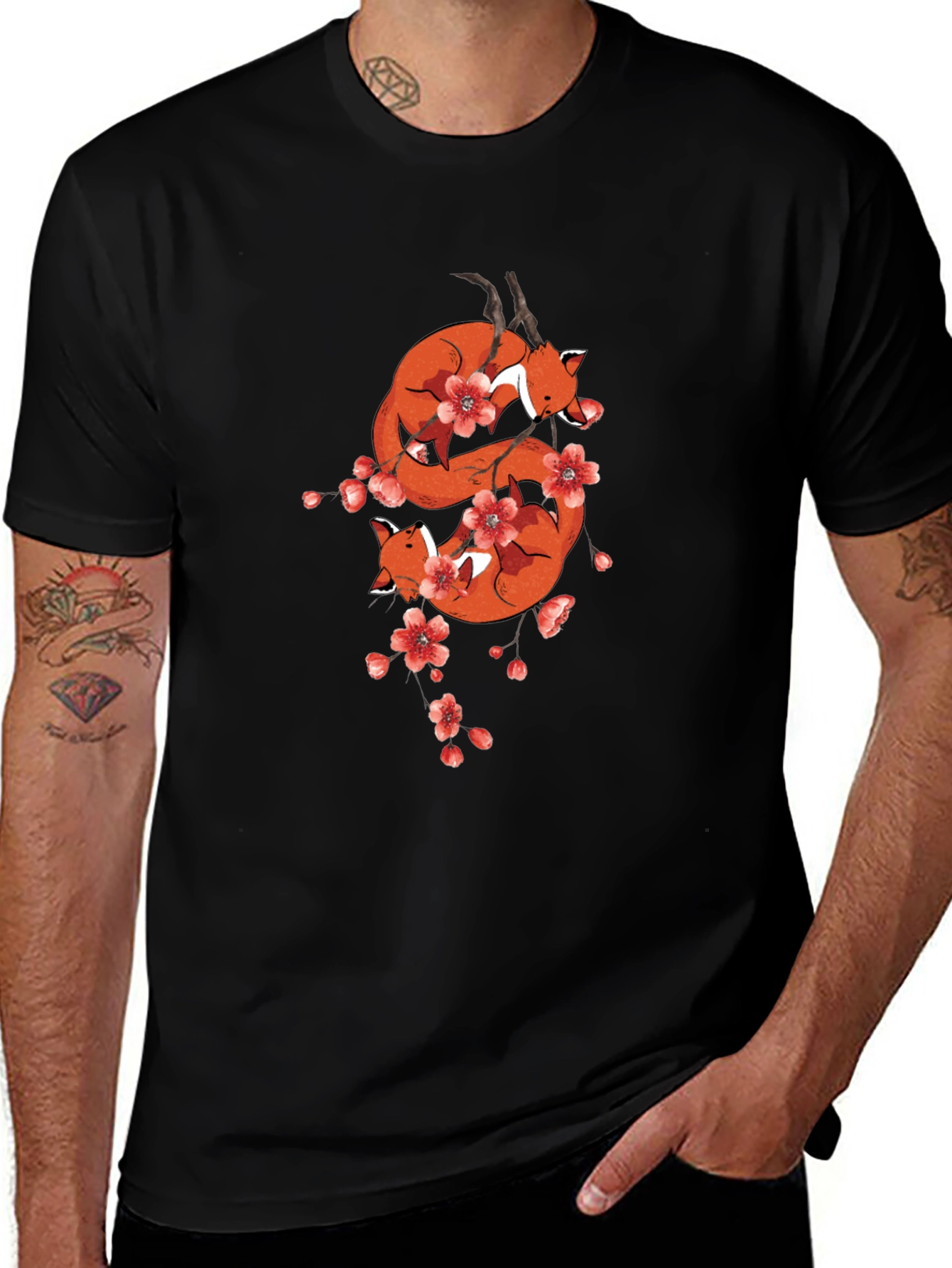 Fox & Cherry Blossom Black T-Shirt