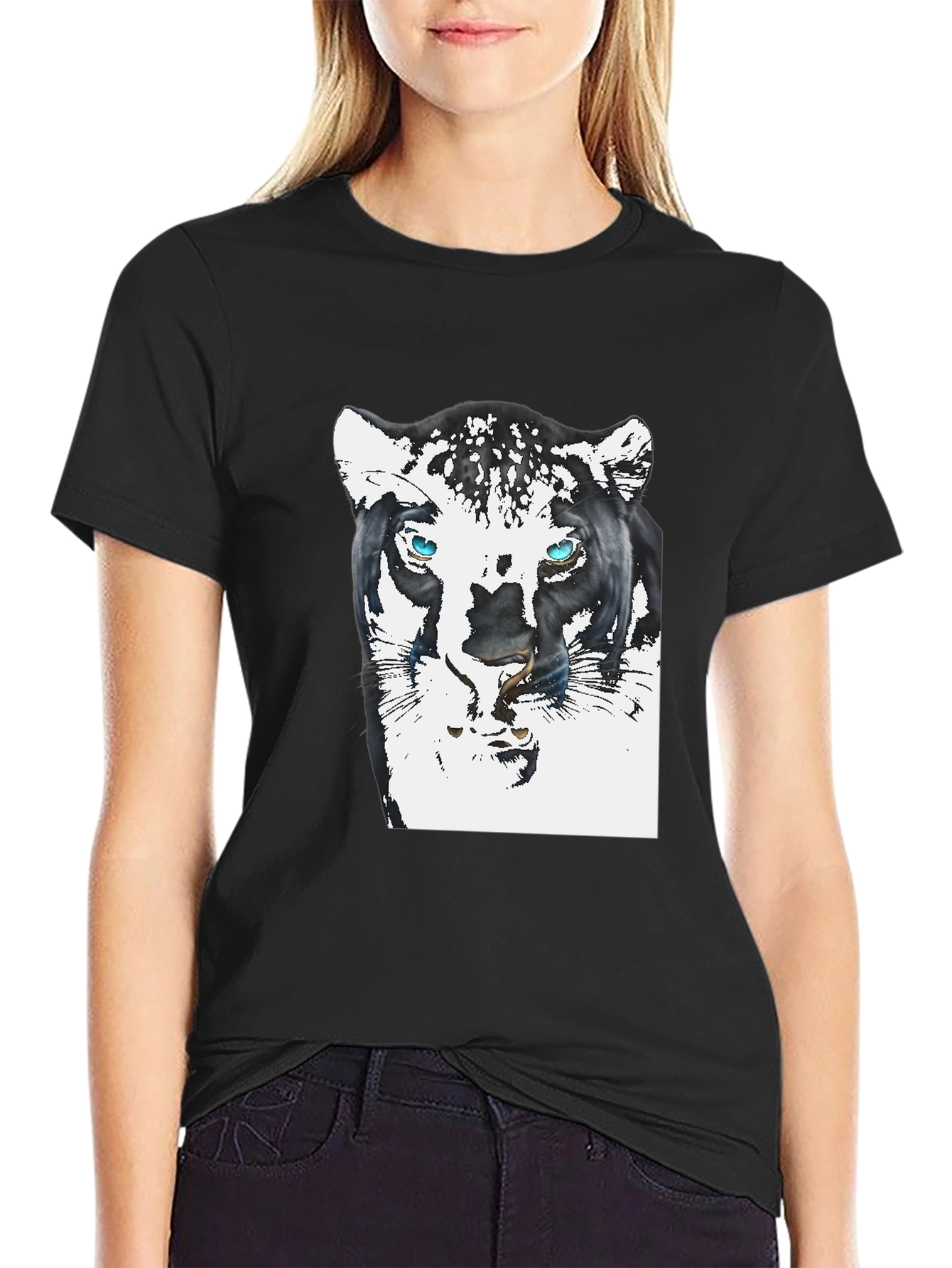 Black T-Shirt with Artistic Jaguar Graphic Print