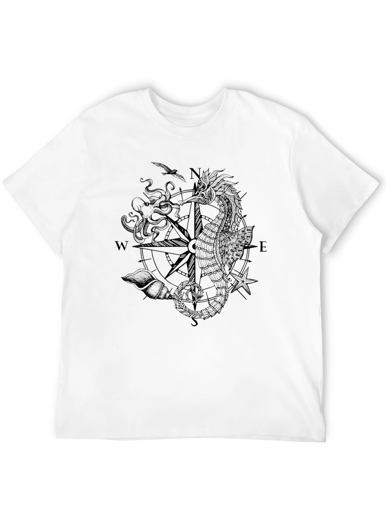 Nautical Seahorse Compass Black T-Shirt