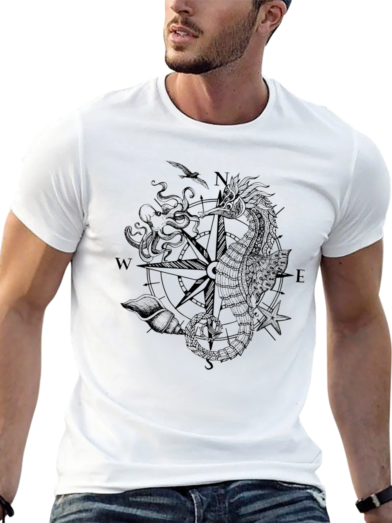 Nautical Seahorse Compass Black T-Shirt