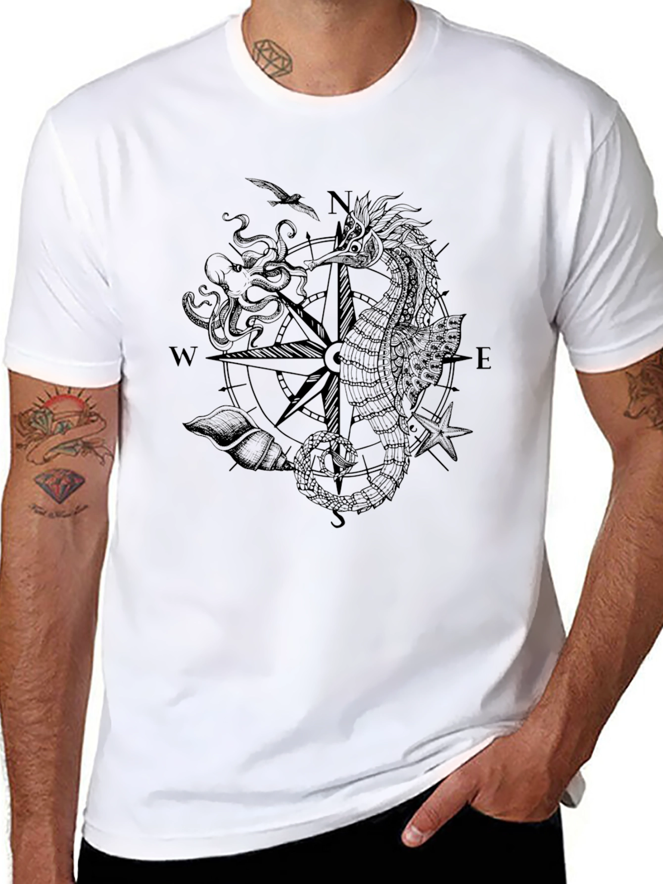 Nautical Seahorse Compass Black T-Shirt
