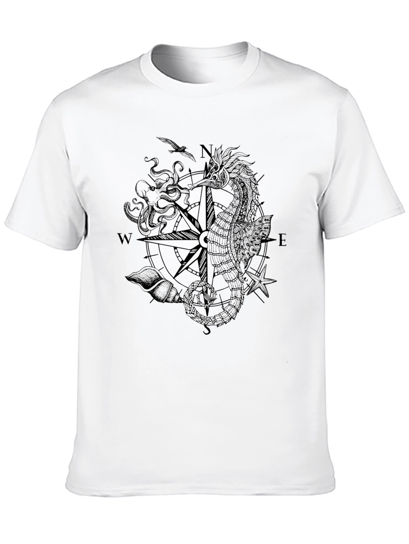 Nautical Seahorse Compass Black T-Shirt