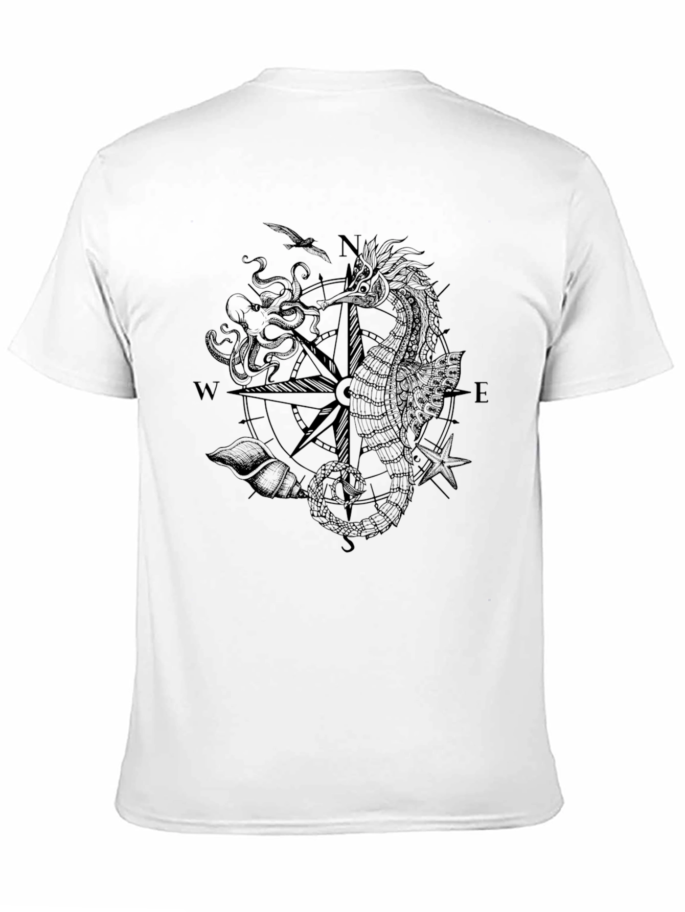Nautical Seahorse Compass Black T-Shirt
