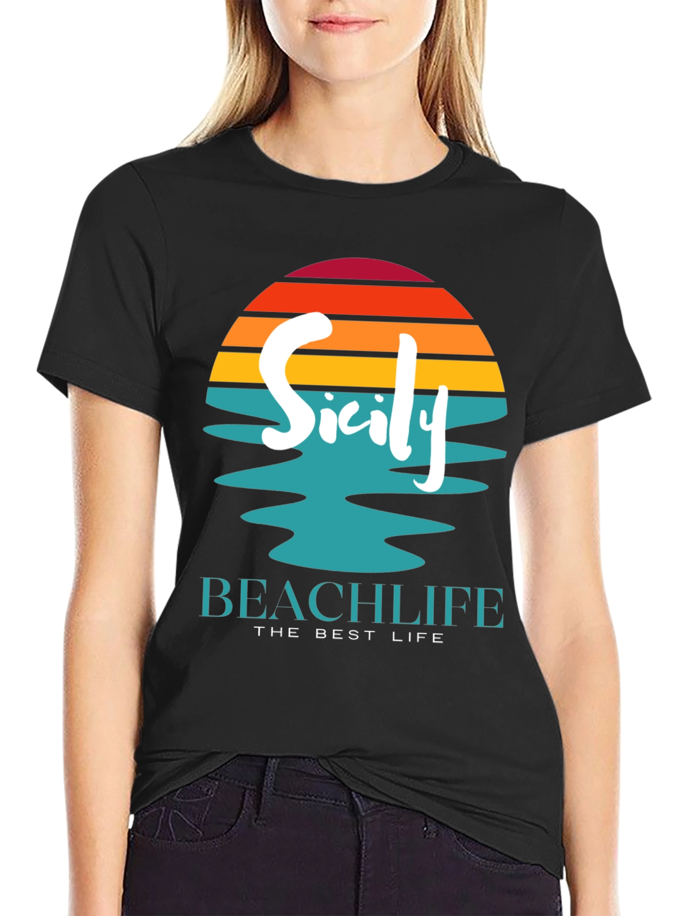 Sicily Beach Life Black T-Shirt