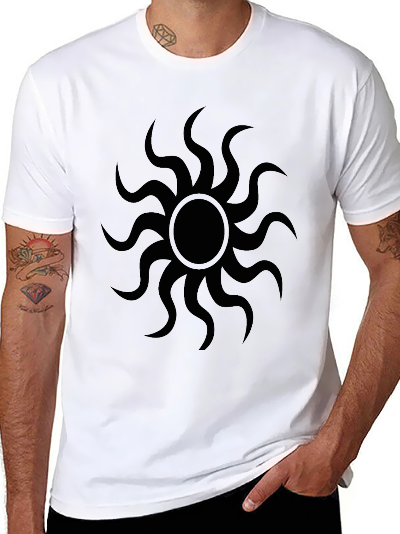 Black Graphic Tee - Sunburst Design Casual Wear