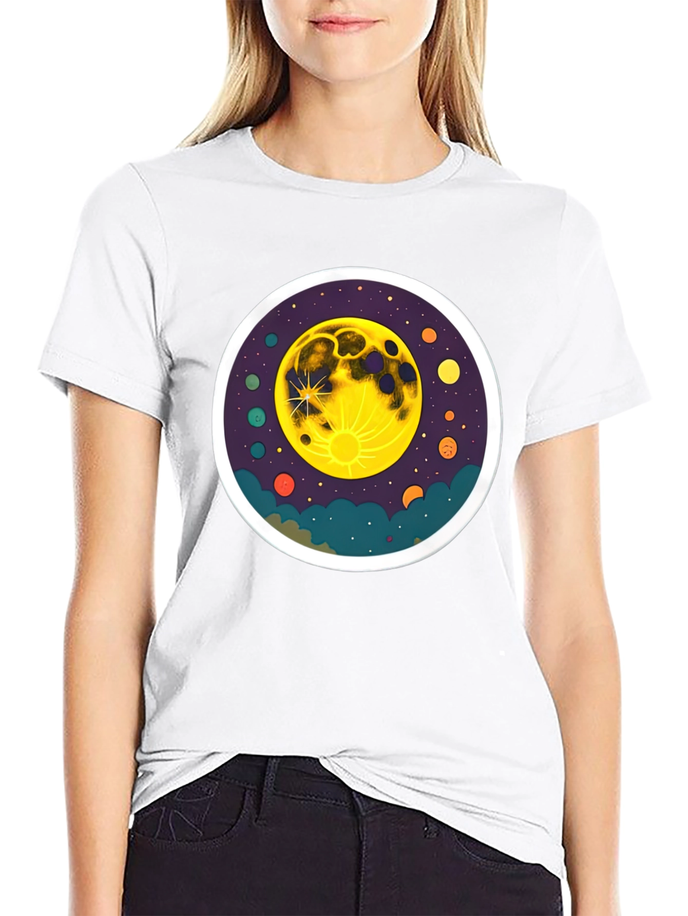 Cosmic Moon Graphic Tee - Black Cotton T-Shirt