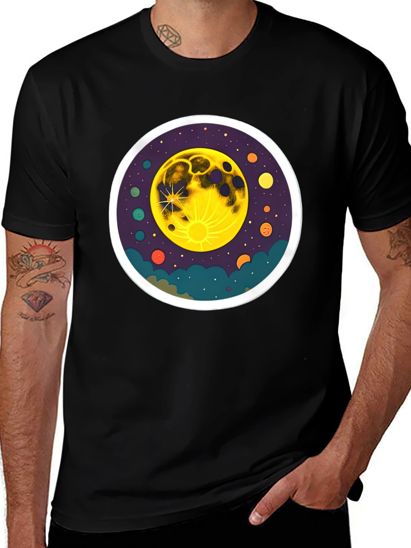 Cosmic Moon Graphic Tee - Black Cotton T-Shirt