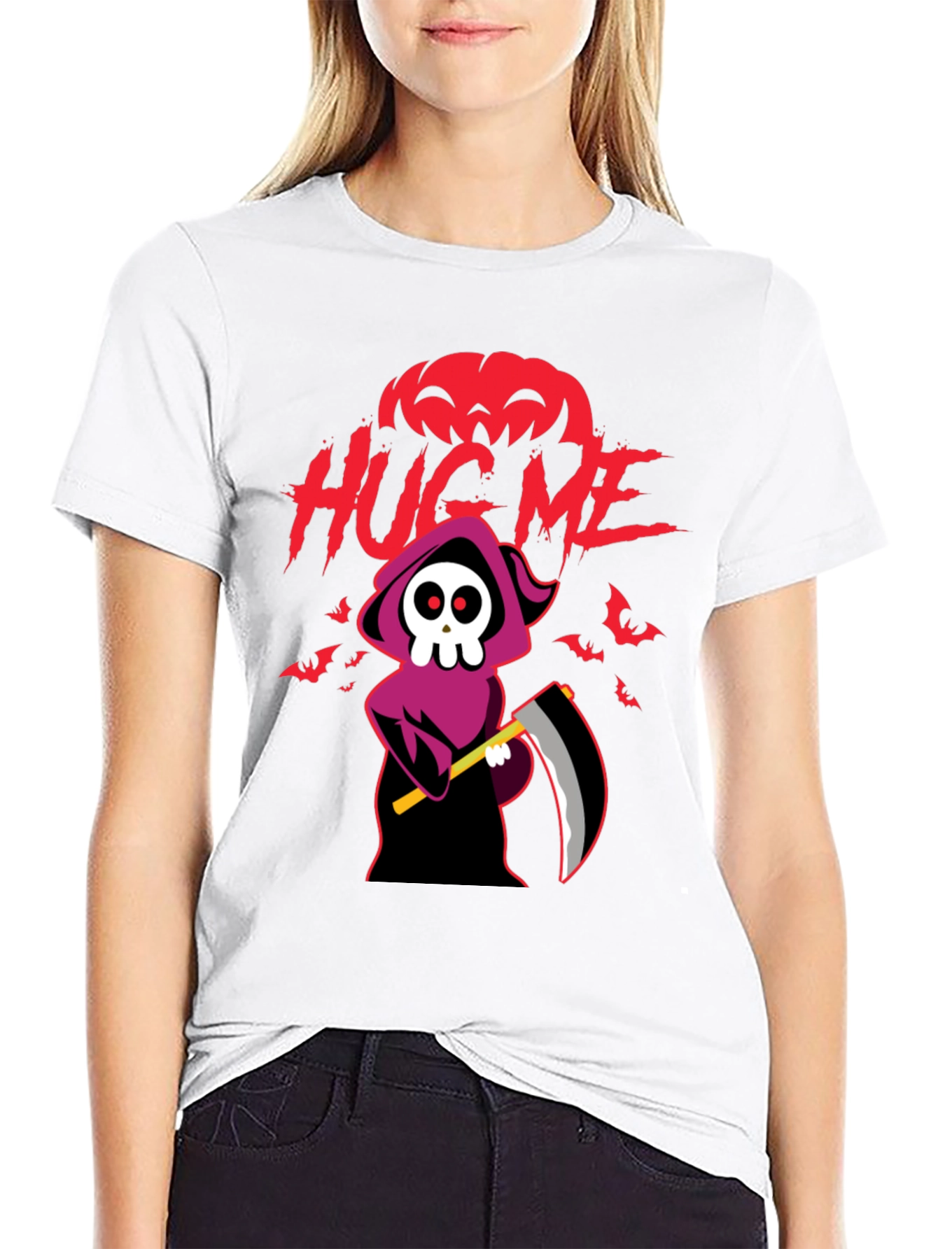 Halloween Grim Reaper Hug Me Black Graphic T-Shirt