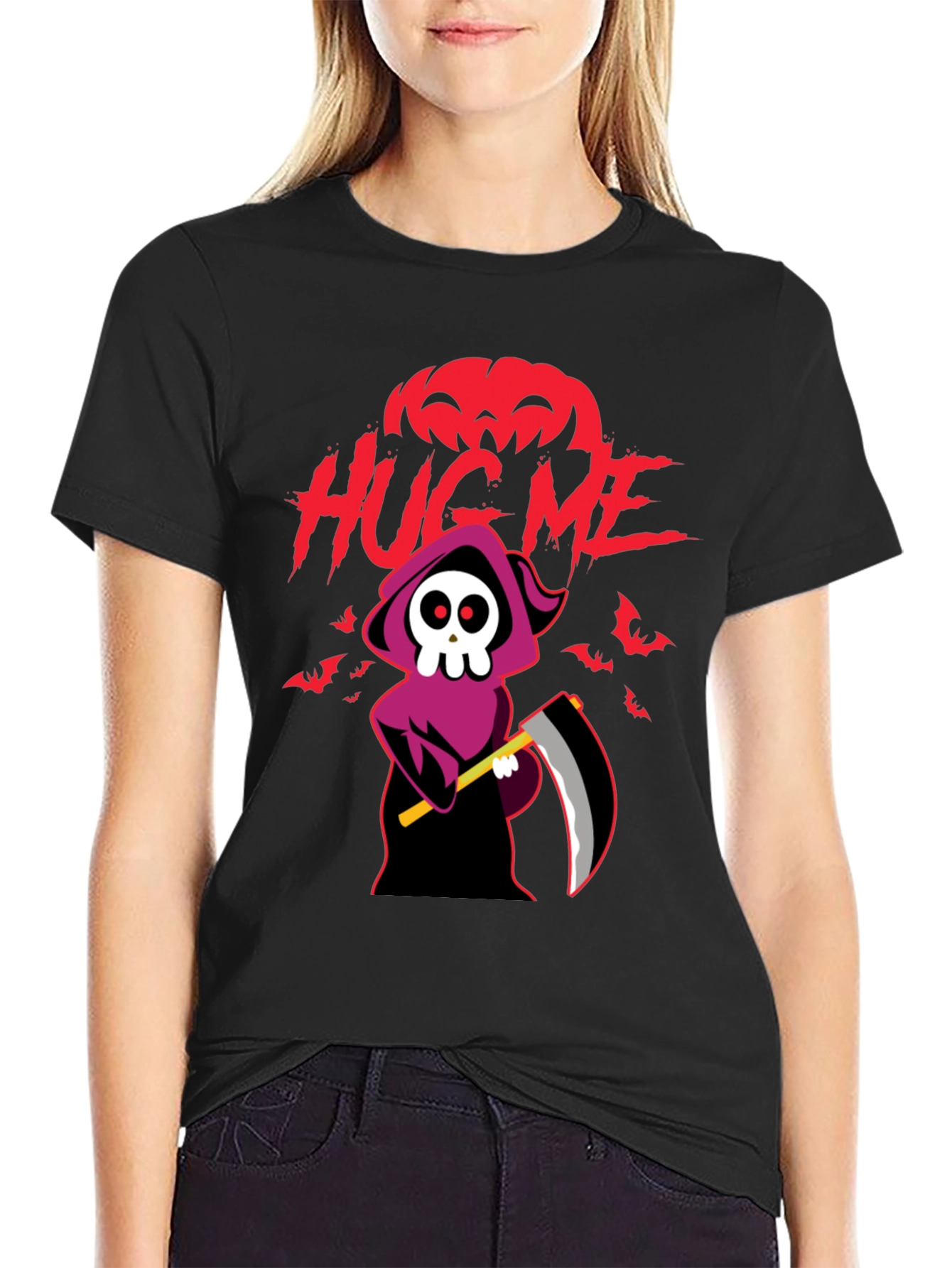 Halloween Grim Reaper Hug Me Black Graphic T-Shirt