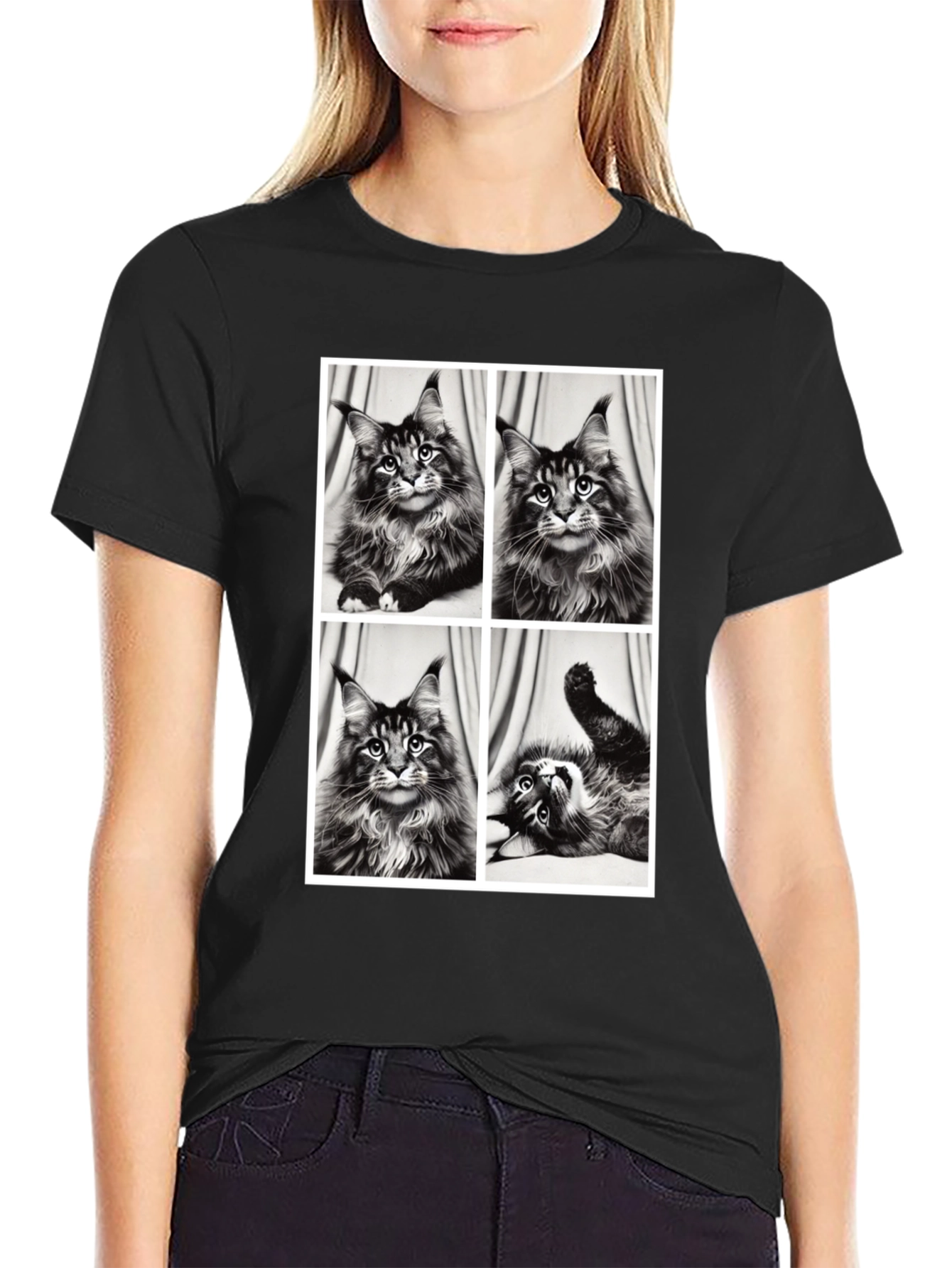 Maine Coon Cat Photo Grid Black T-Shirt