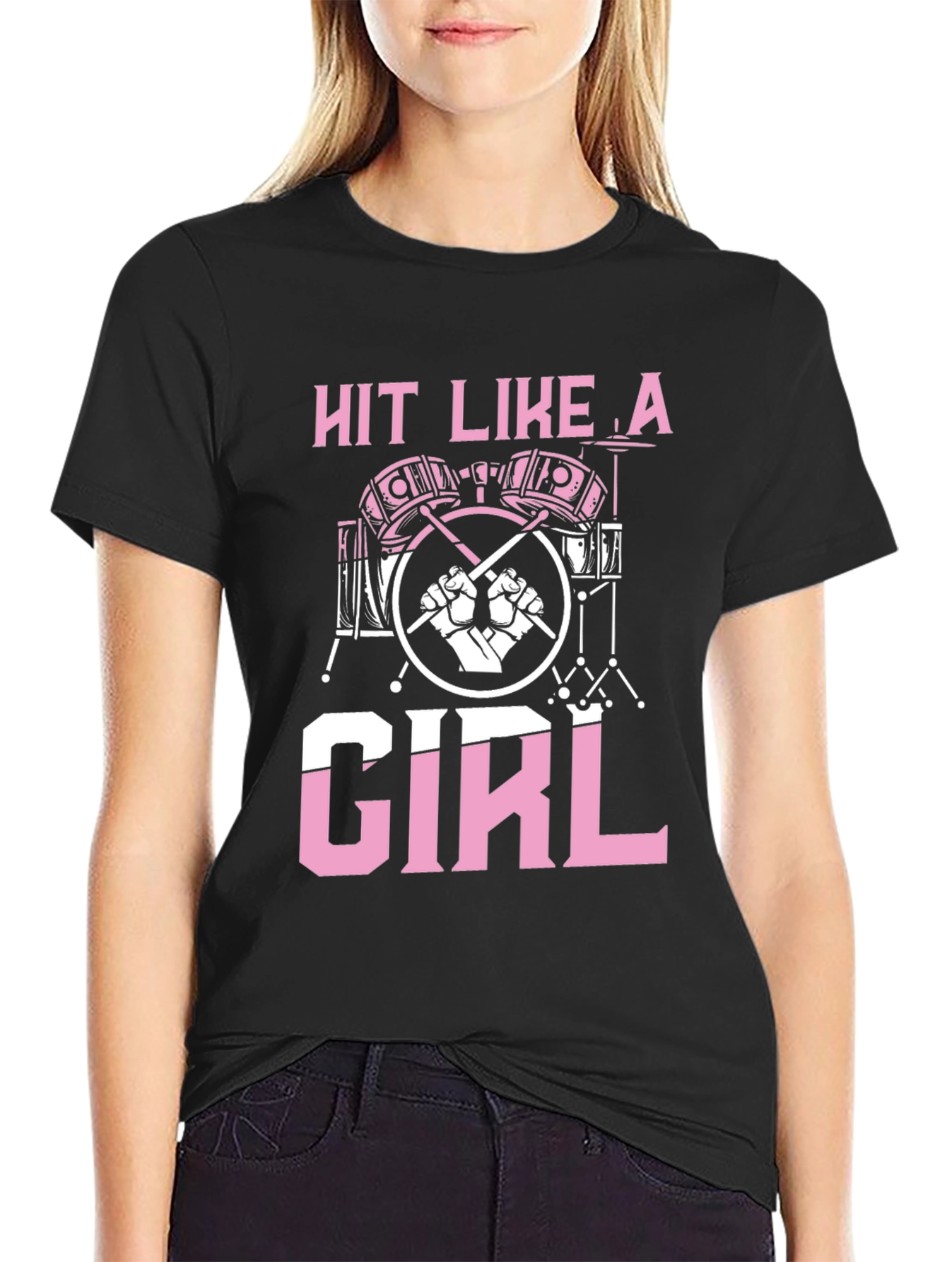Hit Like A Girl Drummer T-Shirt - Black