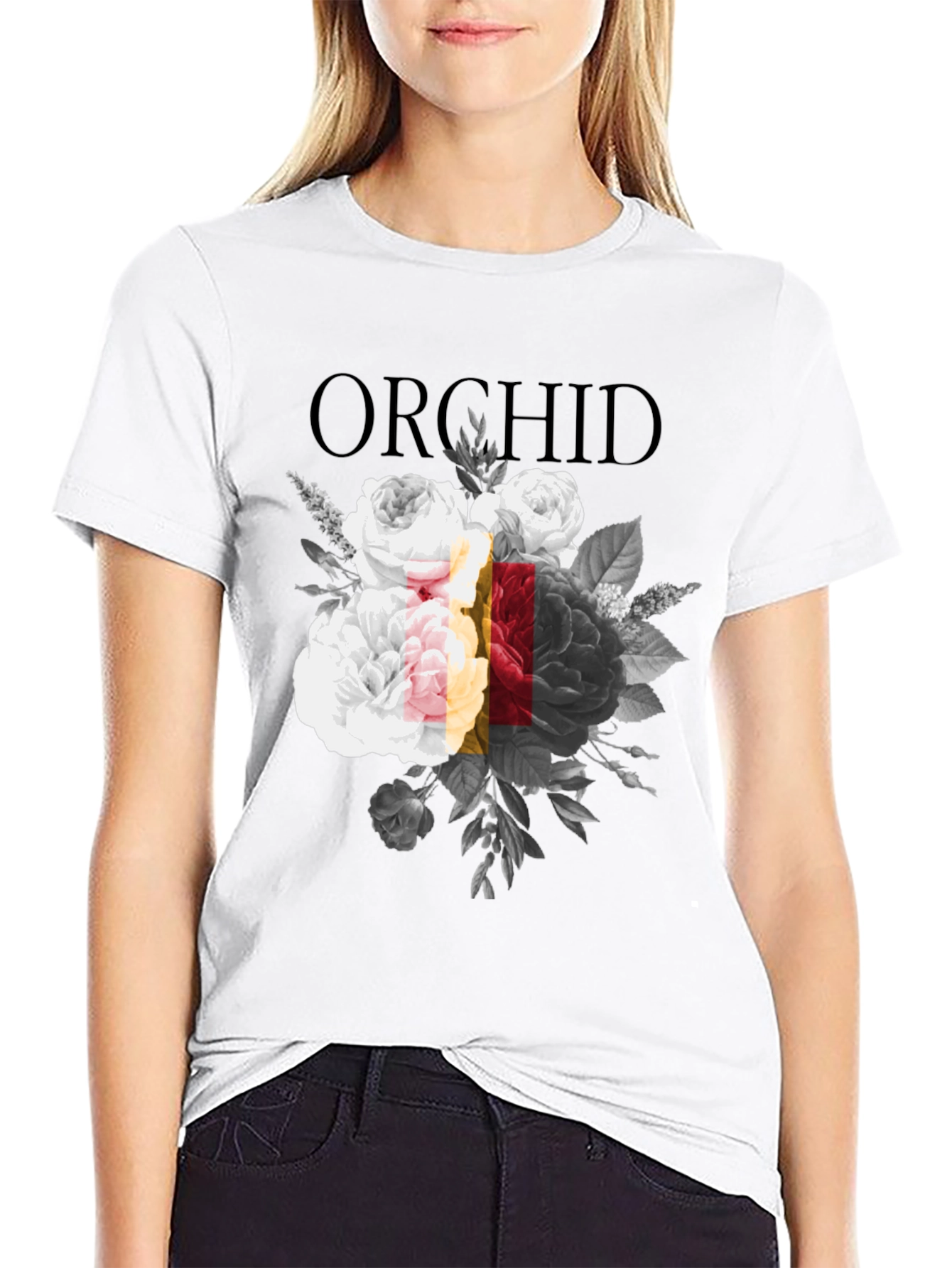 Orchid Floral Print Black Graphic T-Shirt