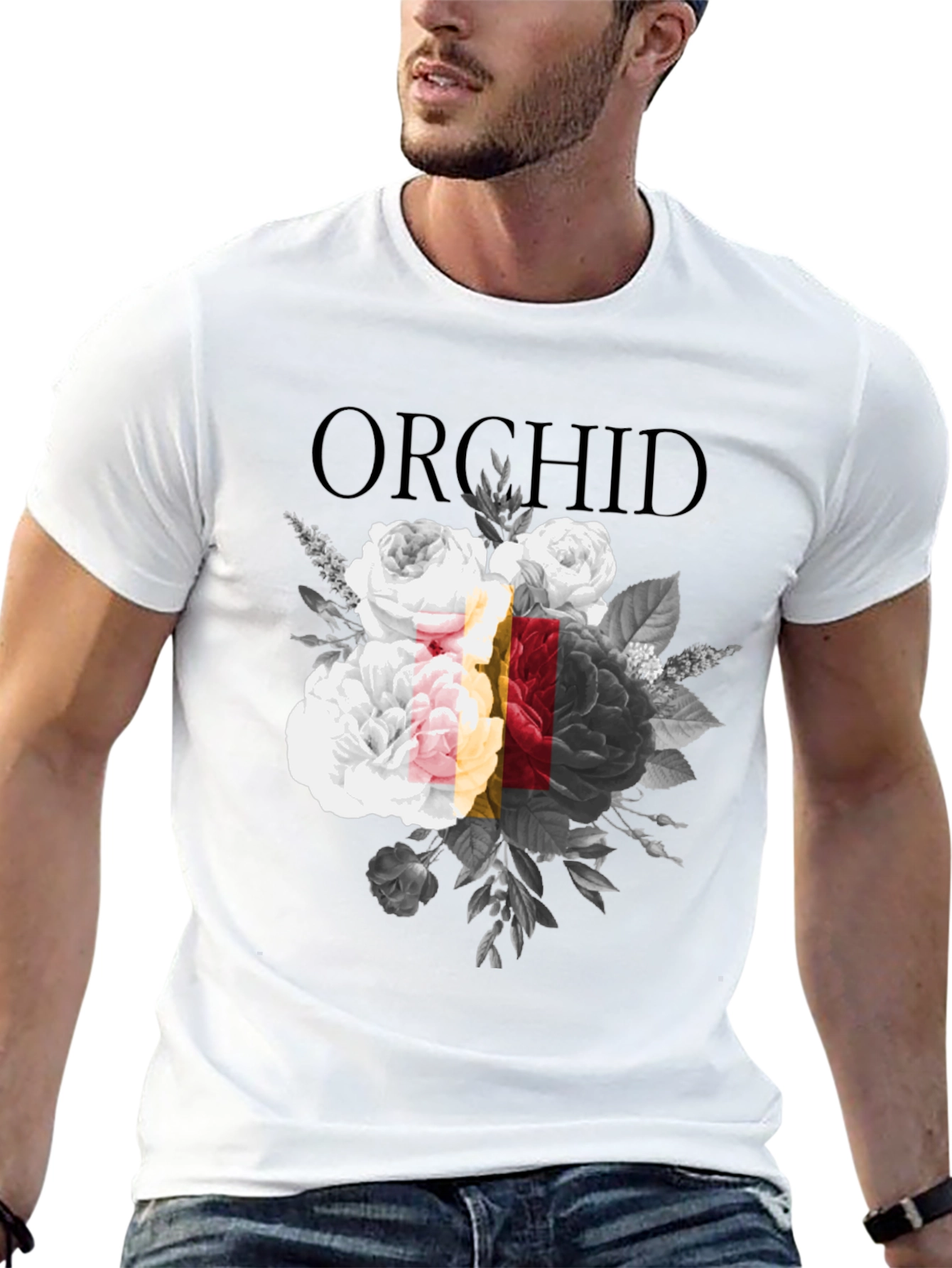 Orchid Floral Print Black Graphic T-Shirt